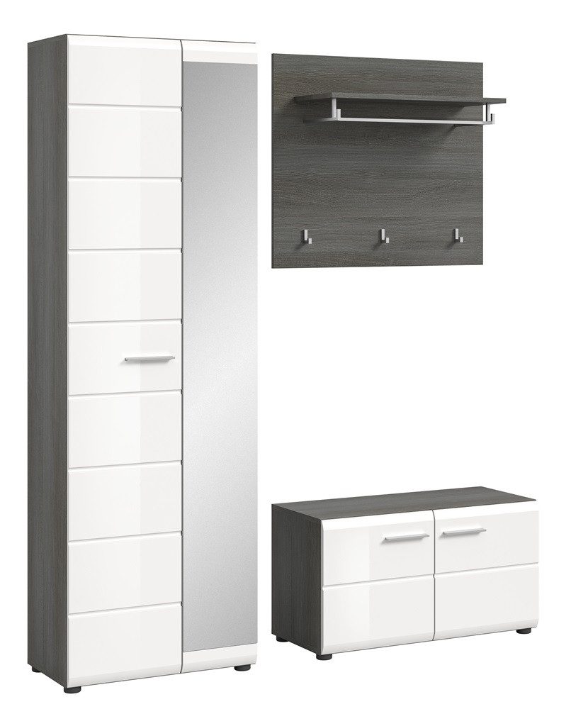 xonox.home Garderoben-Set Garderoben-Set Salsa, rauchsilber / weiß Hochglanz, 3-teilig, (3-St), Garderobenmöbel 155 cm, Garderobenkombination weiß Hochglanz