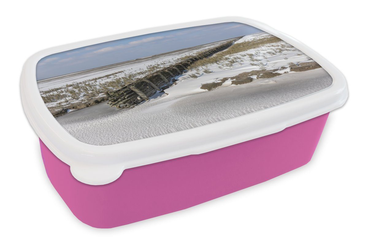 MuchoWow Lunchbox Schnee - Gras - Holz, Kunststoff, (2-tlg), Brotbox für Erwachsene, Brotdose Kinder, Snackbox, Mädchen, Kunststoff rosa