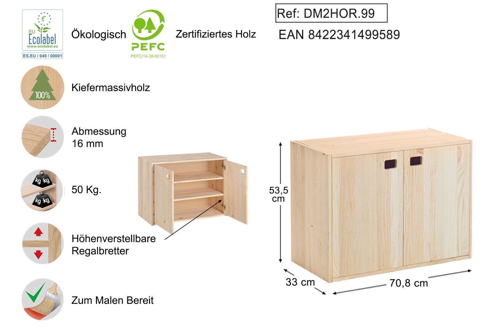 Astigarraga Kit Line Drehtürenschrank Würfel Holzregal Schrankmodul massives Kiefernholz, modularer kombinierbar, 2-türig