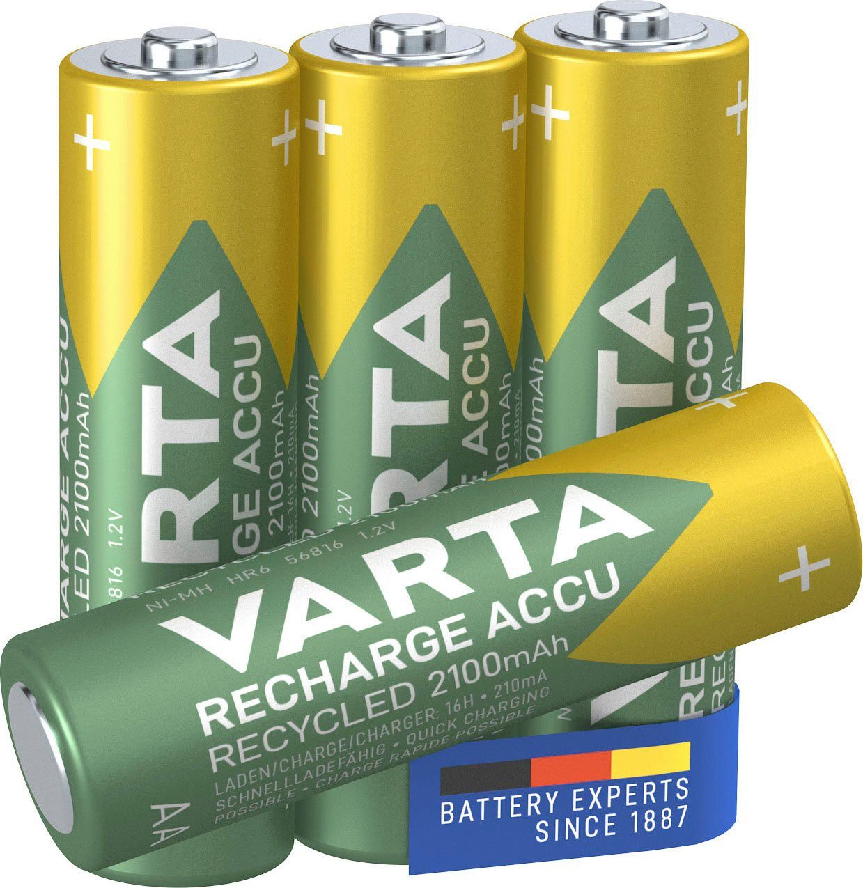 VARTA wiederaufladbare Akkus wiederaufladbar 2100 mAh (1,2 Recharge Akku Recycled V, VARTA 4 Accu Mignon St)