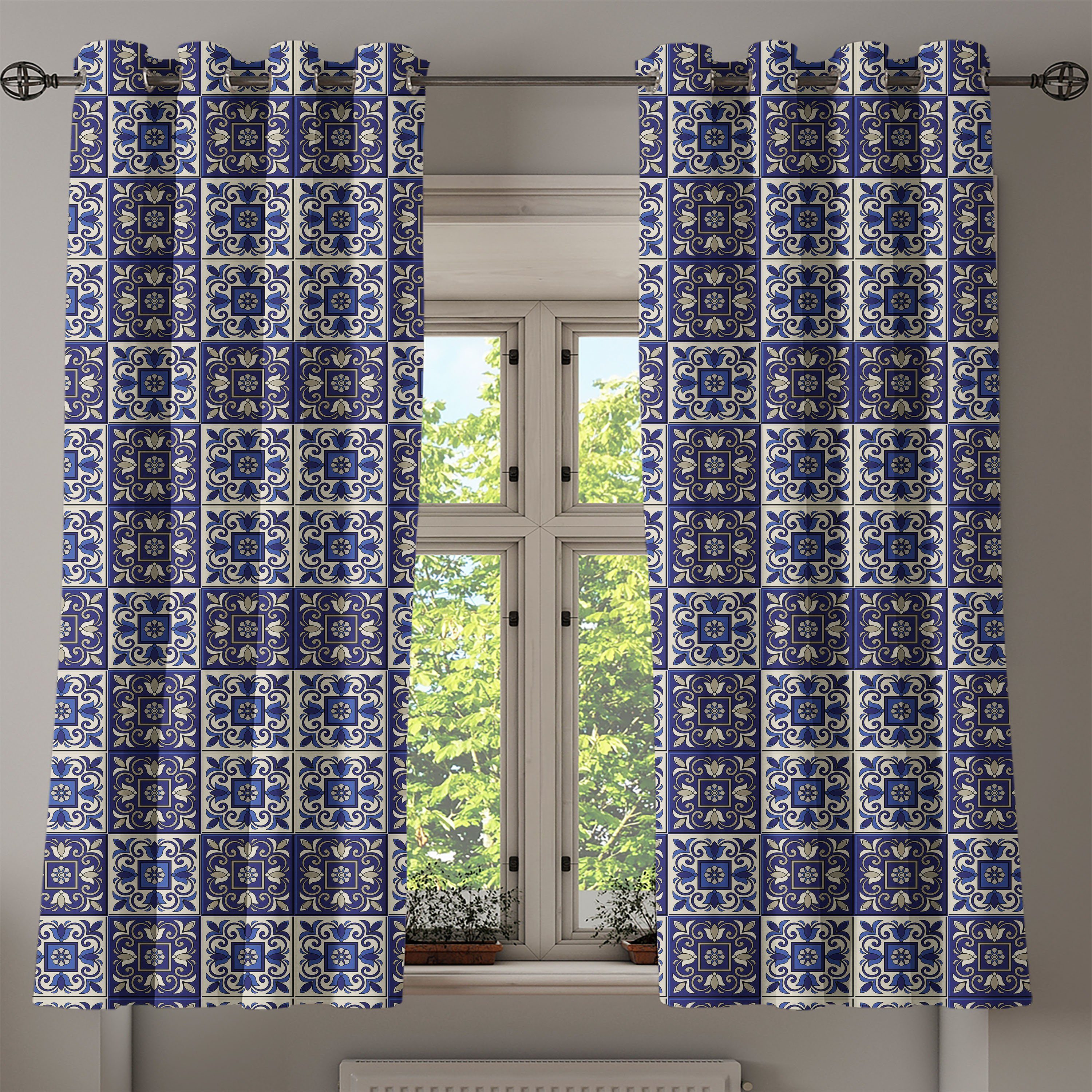 marokkanisch 2-Panel-Fenstervorhänge Dekorative Gardine Azulejos Squares Schlafzimmer Wohnzimmer, für Abakuhaus,