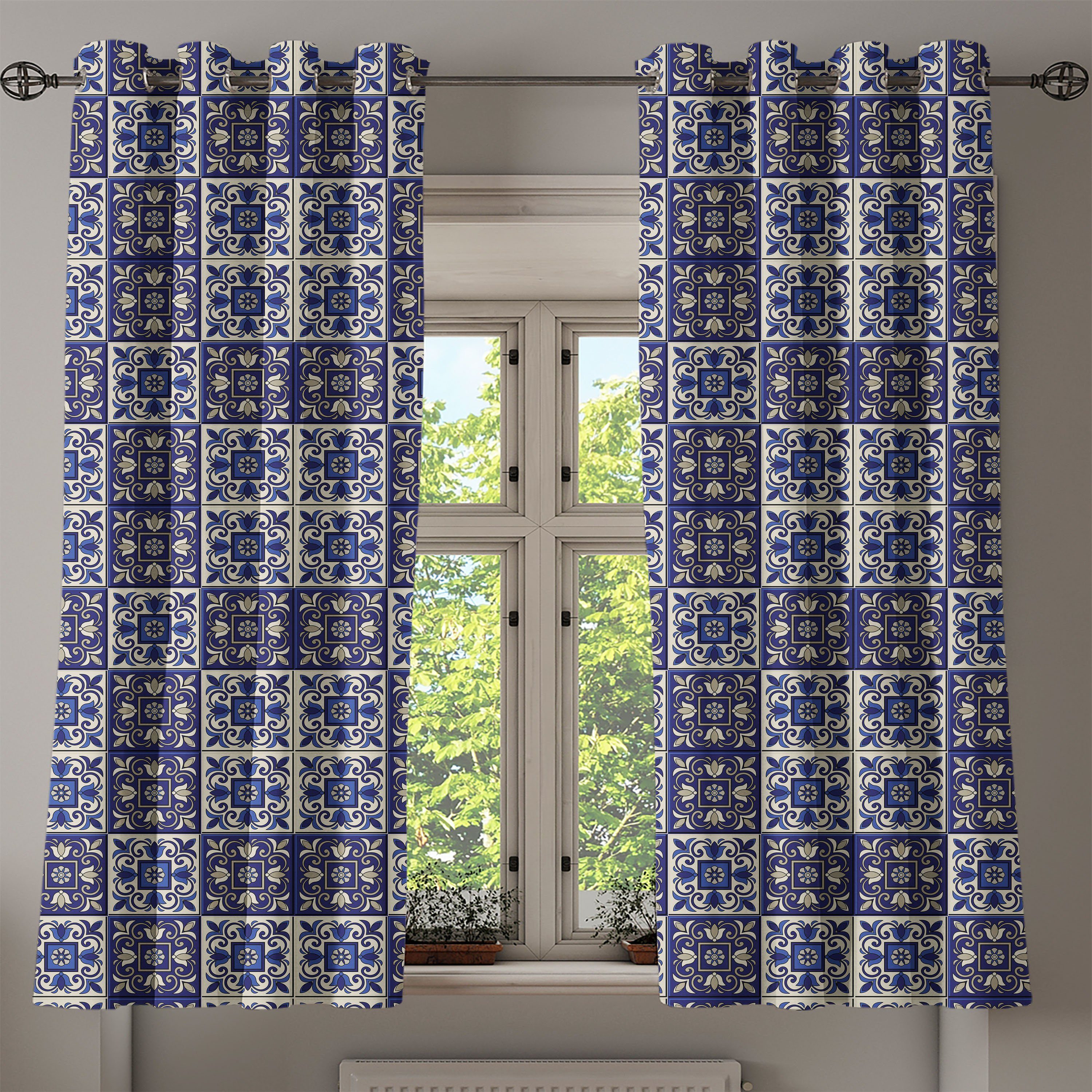 Abakuhaus, Dekorative marokkanisch Gardine Wohnzimmer, Schlafzimmer für Squares Azulejos 2-Panel-Fenstervorhänge