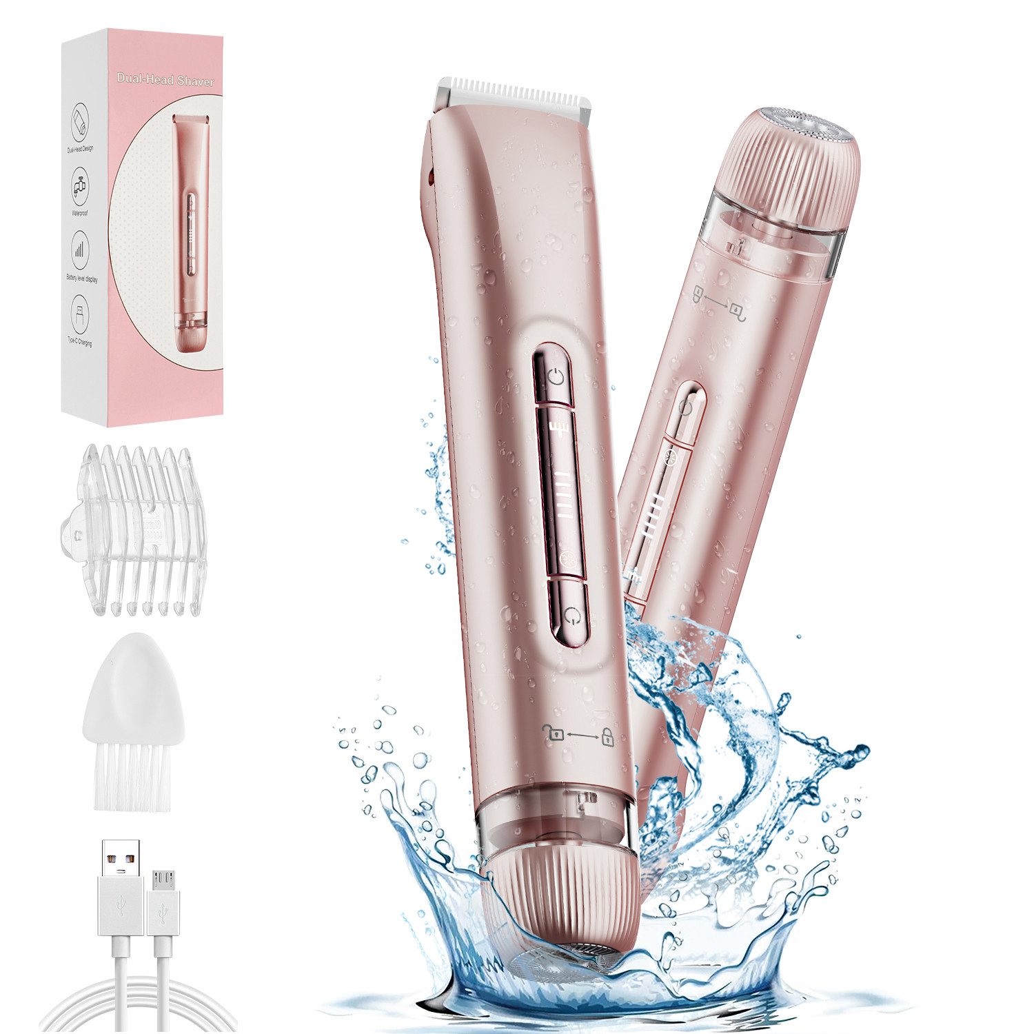oyajia Körper- und Bikinitrimmer Bikini-Trimmer für Frauen, 2-in-1 Mini Elektrorasierer mit Doppelkopf, Kabellos Trimmer, IPX7 Wasserdicht, hypoallergen, abnehmbarer Kopf