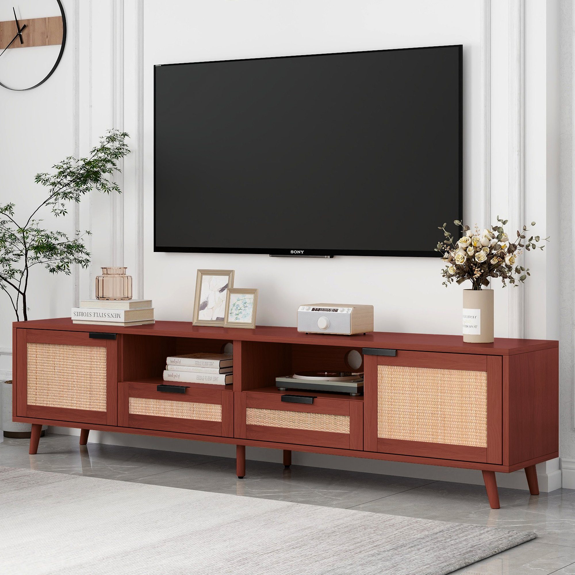Odikalo TV-Schrank Holz-TV-Ständer mit Rot/Natur 200*37*49cm, Echtholzfüßen,Rattandesign