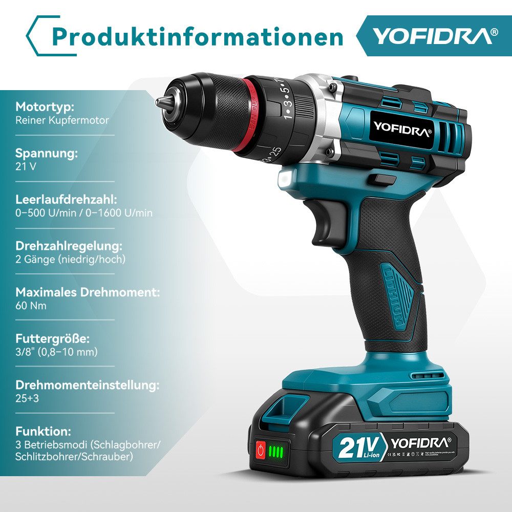 Yofidra Akku-Bohrschrauber 21V Akkuschrauber, Schraubendreher 25+3 Drehmomentstufen, max. 1600 U/min, 2 Gang Cordless Screwdriver Für Reparatur & DIY, mit 2 x 2Ah Akkus