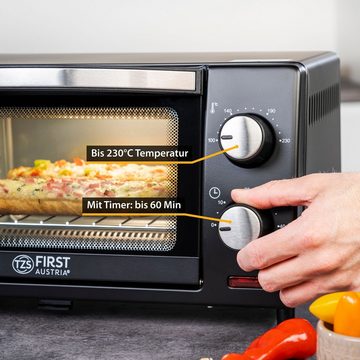 TZS FIRST AUSTRIA Minibackofen 10L Mini Backofen, 800W, bis 230 Grad, stufenlose Temperaturregelung, 60 Minuten Timer, 2 Einschubhöhen, Doppelglastür, Mini Ofen