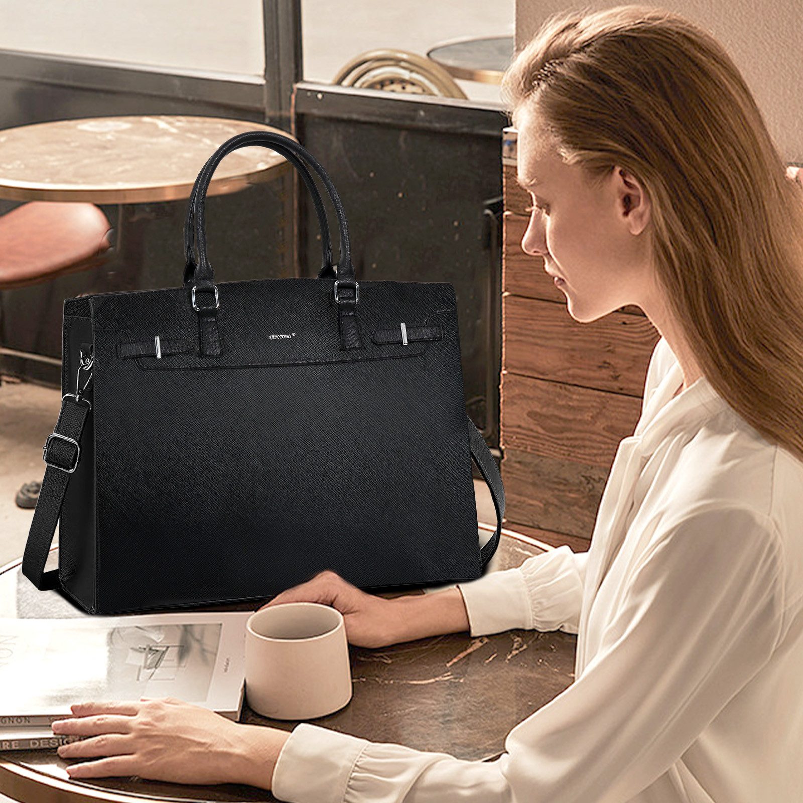 TAN.TOMI Aktentasche Handtasche Damen Shopper Damen Große Schwarz Gross Laptop Tasche, 15.6 Zoll Elegant Leder Umhängetasche für Büro Arbeit Schule