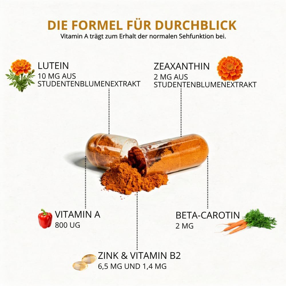 Naturklar Lutein Zeaxanthin Kapseln 90 St. hochdosiert vegan mit Beta-Carotin Kapseln, 31 g