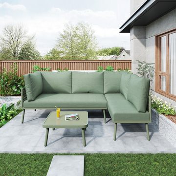 HAUSS SPLOE Gartenlounge-Set L-förmig mit Sitzkissen, verstellbaren Füßen, 2 Sofas, 1 Tisch, Grün
