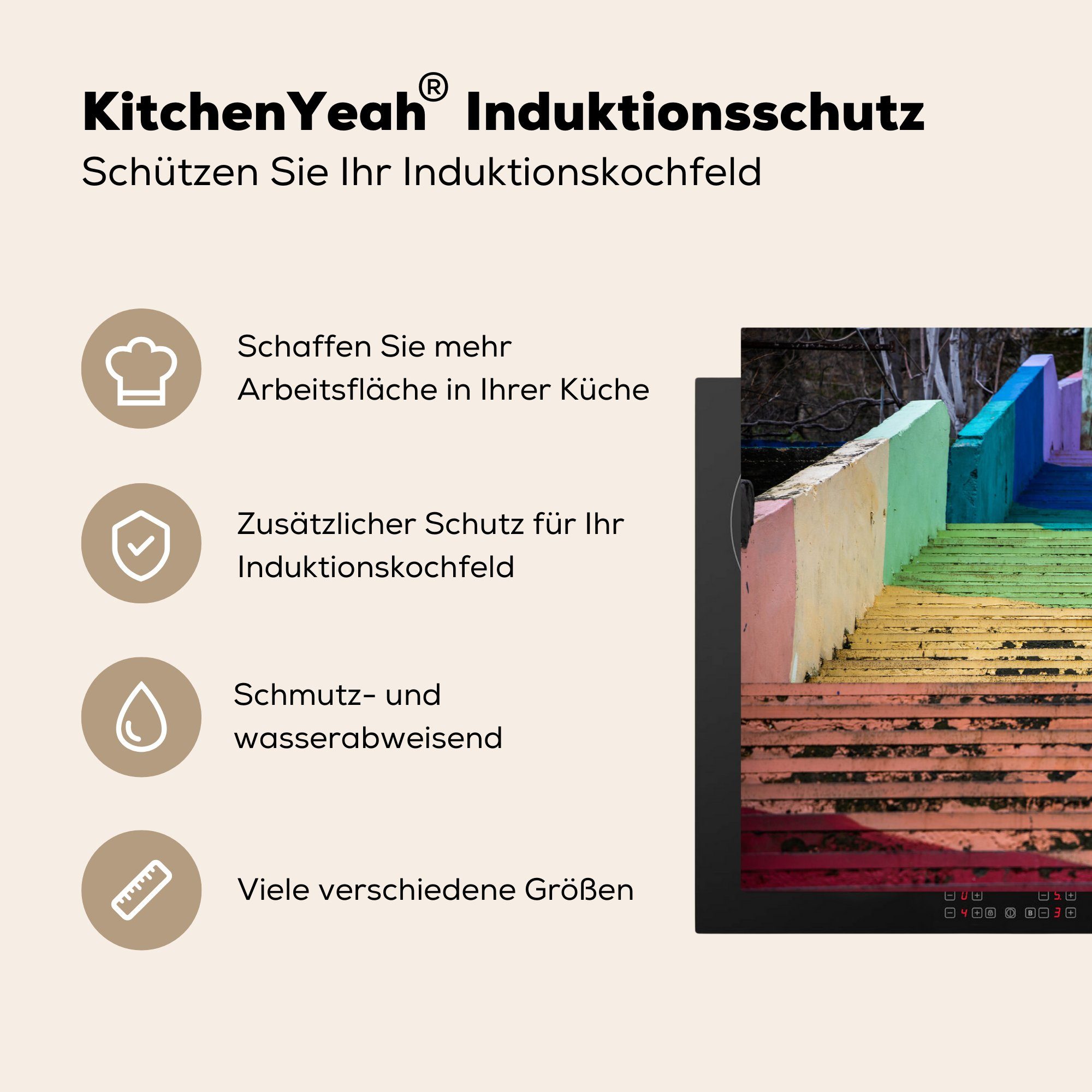 Induktionskochfeld Ceranfeldabdeckung küche, einer Regenbogenfarben in Treppe Jordanien, die MuchoWow 81x52 cm, Schutz auf Vinyl, für Herdblende-/Abdeckplatte tlg), (1