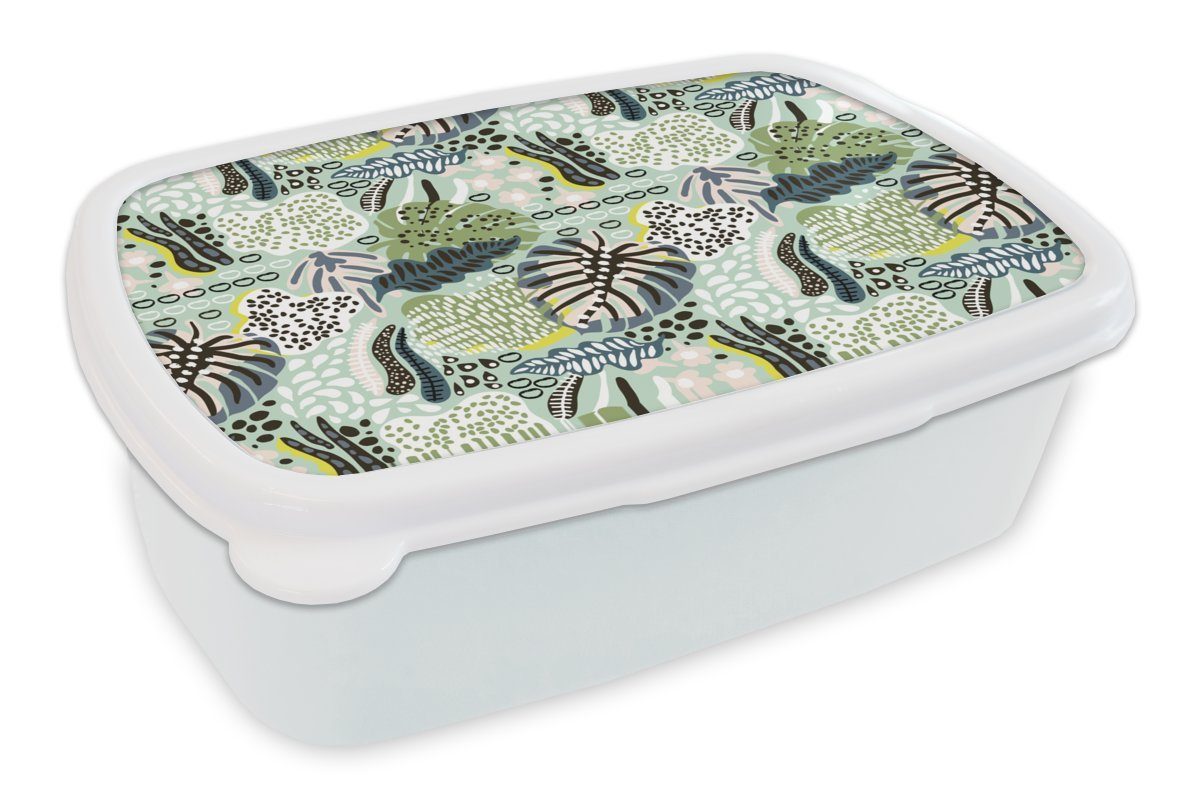 MuchoWow Lunchbox Pflanzen - Formen - Dschungel - Muster, Kunststoff, (2-tlg), Brotbox für Kinder und Erwachsene, Brotdose, für Jungs und Mädchen weiß