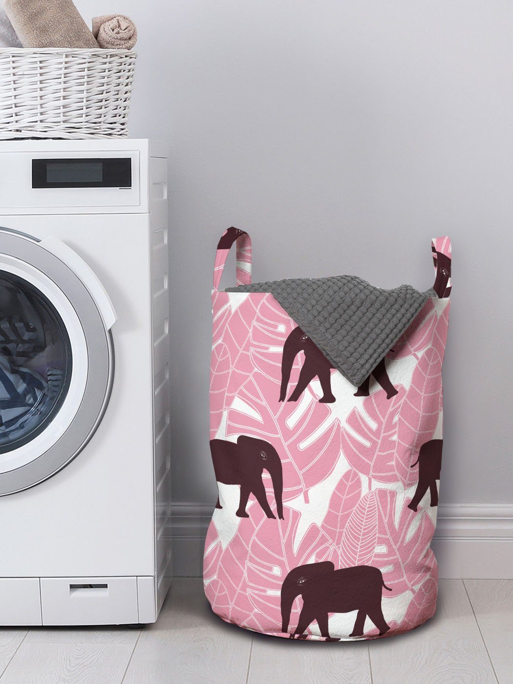 Abakuhaus Wäschesäckchen Wäschekorb mit Griffen Elefant Tropische Afrika Waschsalons, Kordelzugverschluss für Palmenblätter