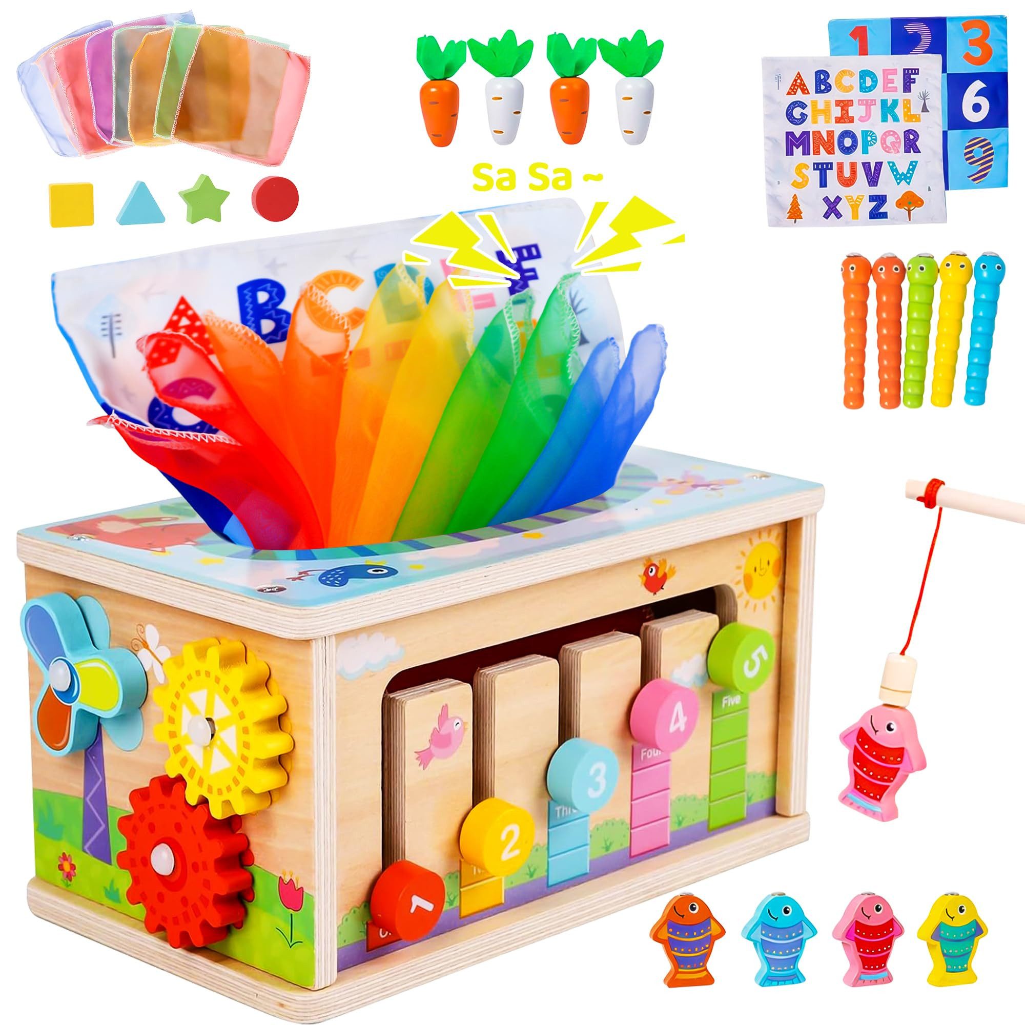 Flintry Lernspielzeug Montessori Holzspielzeug 6-in-1 Sensorik Box aus Holz, Lernspielzeug, Fördert Motorik & Sinnesentwicklung, 6 Aktivitäten, Geschenkidee