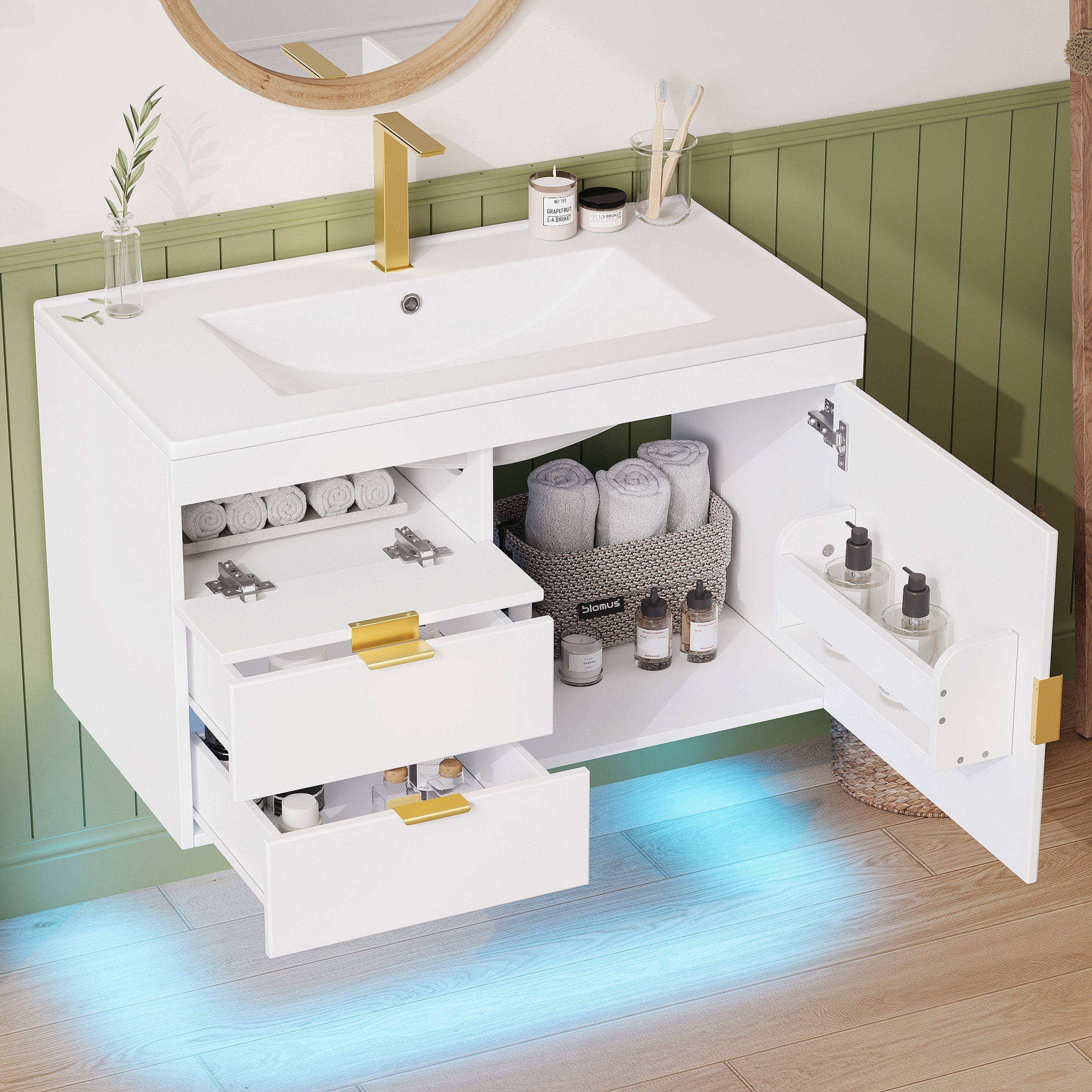 Flieks Waschtisch mit LED-Beleuchtung, Waschbeckenunterschrank inkl. Waschbecken (B76/T46/H51 cm, 1-St., wandhängend, Badschrank mit 2 Fächern Waschplatz Badzimmer), Badmöbel-Set mit Schubladen und Türablagen Badezimmerschrank Weiß
