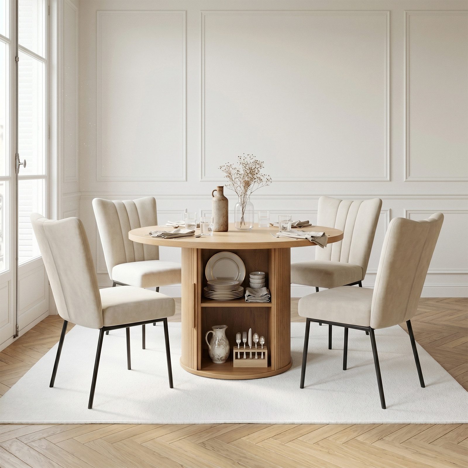 Jiexi Essgruppe Essgruppe 5-teilig runder Tisch mit Stauraum & 4 Polsterstühle