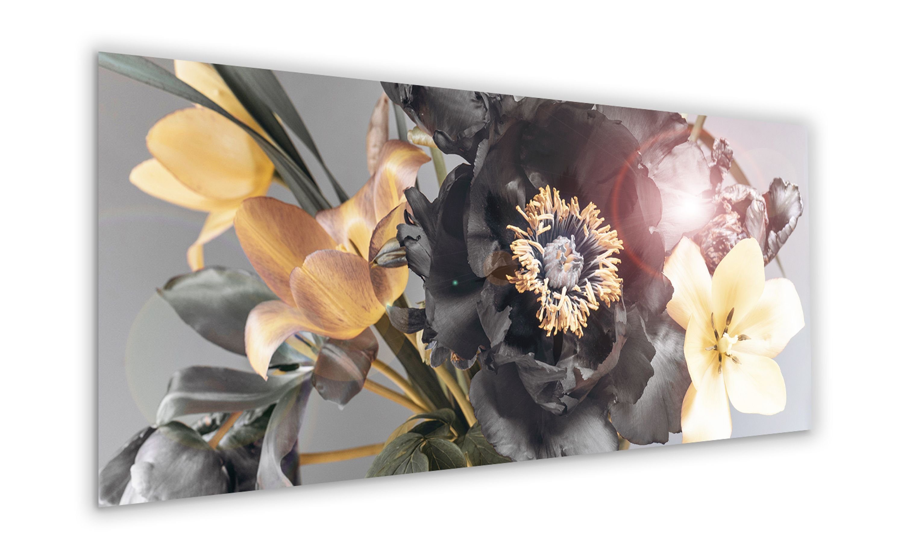 Glas Glasbild XXL Blumen 125x50 artissimo groß Glasbild cm Blüten: gold, silber und aus schwarz, Bild Blumen-Strauss silber,