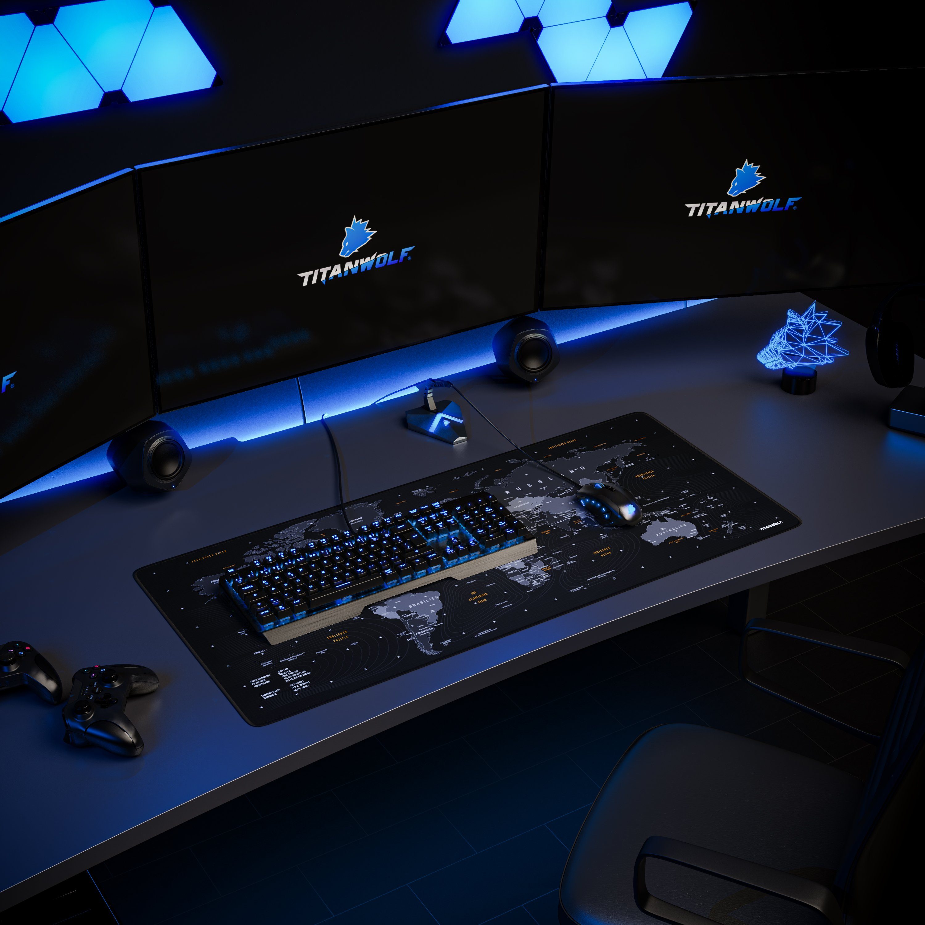 Titanwolf Gaming Mauspad XXL Speed Mousepad 900 x 400 x 3 mm, große Tischunterlage, rutschfest, abwaschbar, Geschwindigkeit & Präzision, Weltkarte