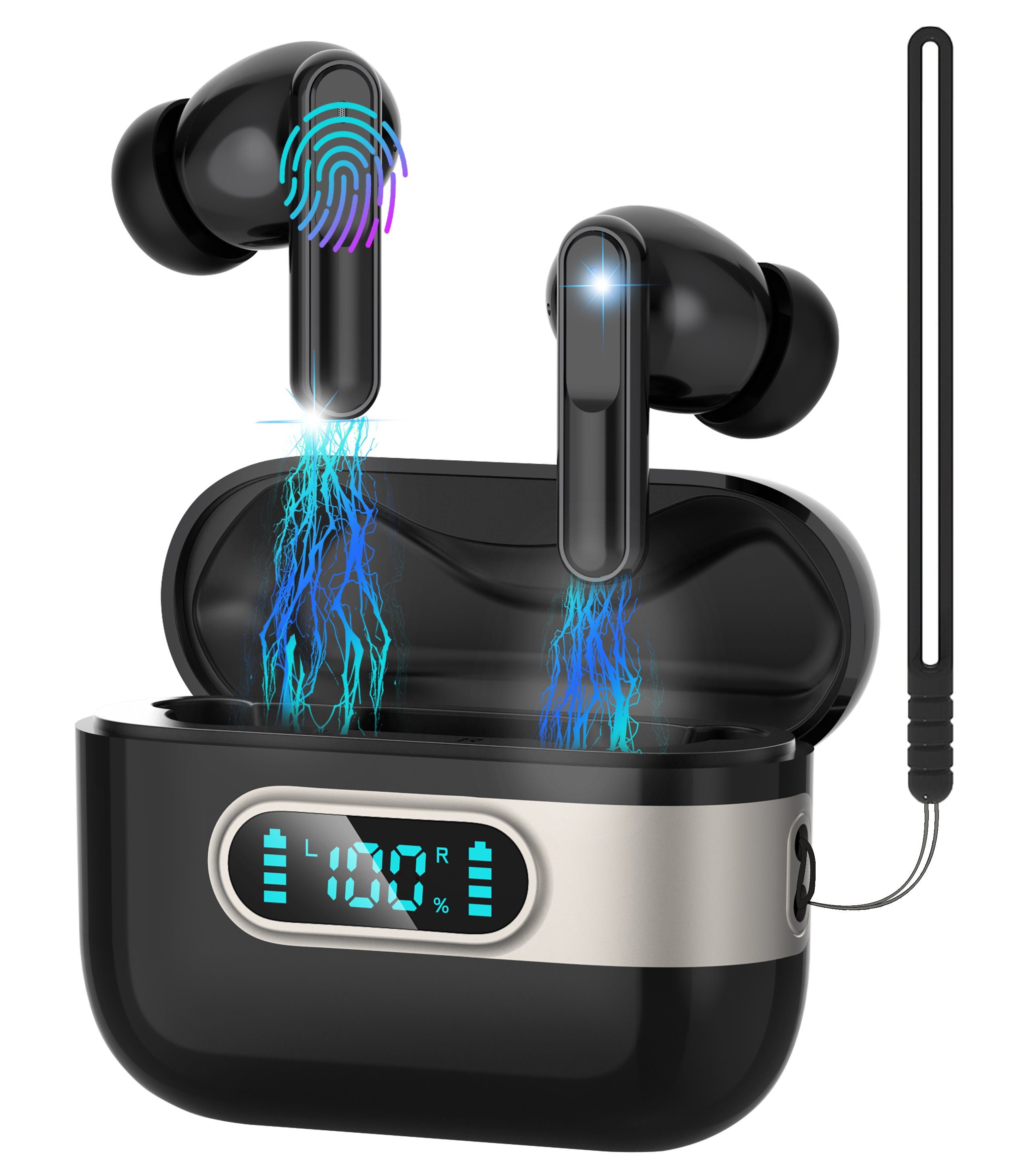 KUGI Kopfhörer Kabellos Bluetooth 5.3 LED Anzeige In Ear Kopfhörer Bluetooth -Kopfhörer (mit 2 ENC Mikrofon, 2023 Neue Kabellose Kopfhörer Noise  Cancelling Earbuds mit 40H Deep Bass, Kommt mit einem Anti-Verlust-Seil,  True-Wireless ...