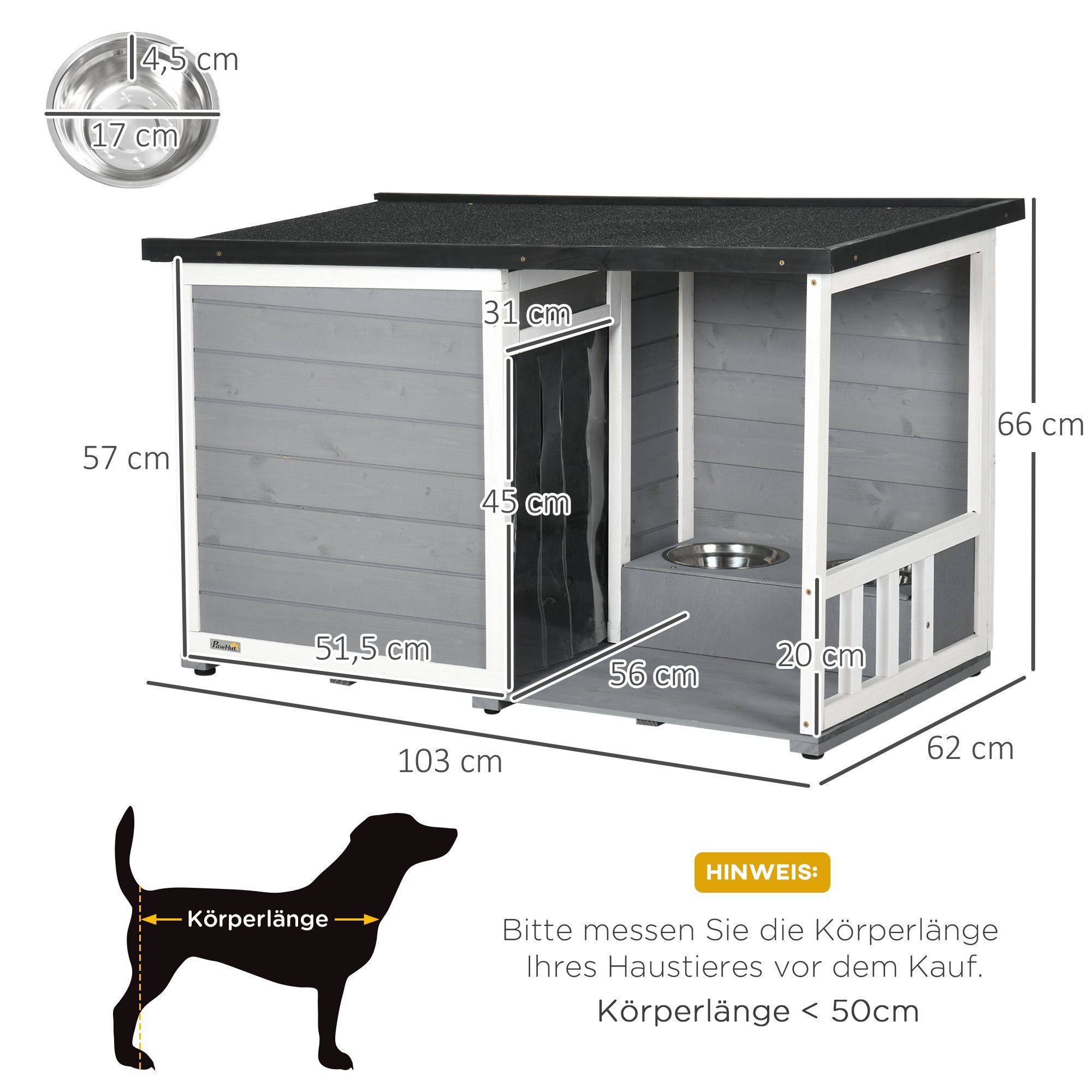 PawHut Hundehütte mit 2 Fressnäpfen, Veranda, wetterbeständig, BxTxH: 103x62x66 cm