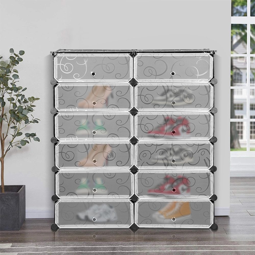 JEOBEST Schuhregal Schuhregal mit 6 Ebenen, Schuhschrank Kunststoff, DIY-Regal, Schuh Organizer mit Tür, aus PP-Kunststoff, schwarz