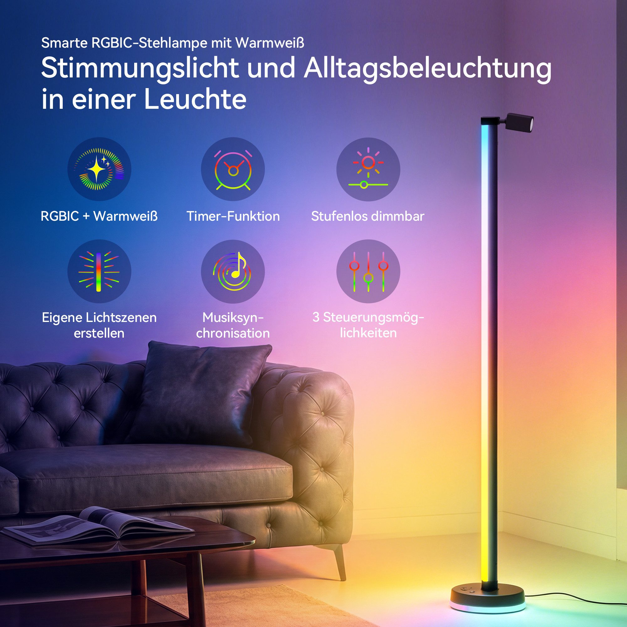 Mai & Mai LED Stehlampe LED Stehleuchte dimmbar mit Leselampe Wohnzimmer Schwarz Lineora-02, LED fest integriert, RGB + Warmweiß, Farbwechsel,16 Mio. Farben,Musik-Sync,Timer,Sprachsteuerung