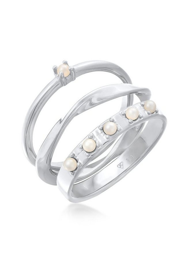 Elli Perlenring Synthetische Perlen Stapelring Klassik 3er Set 925 Silber,  Schmuckstück im glamourösen Perlen Look