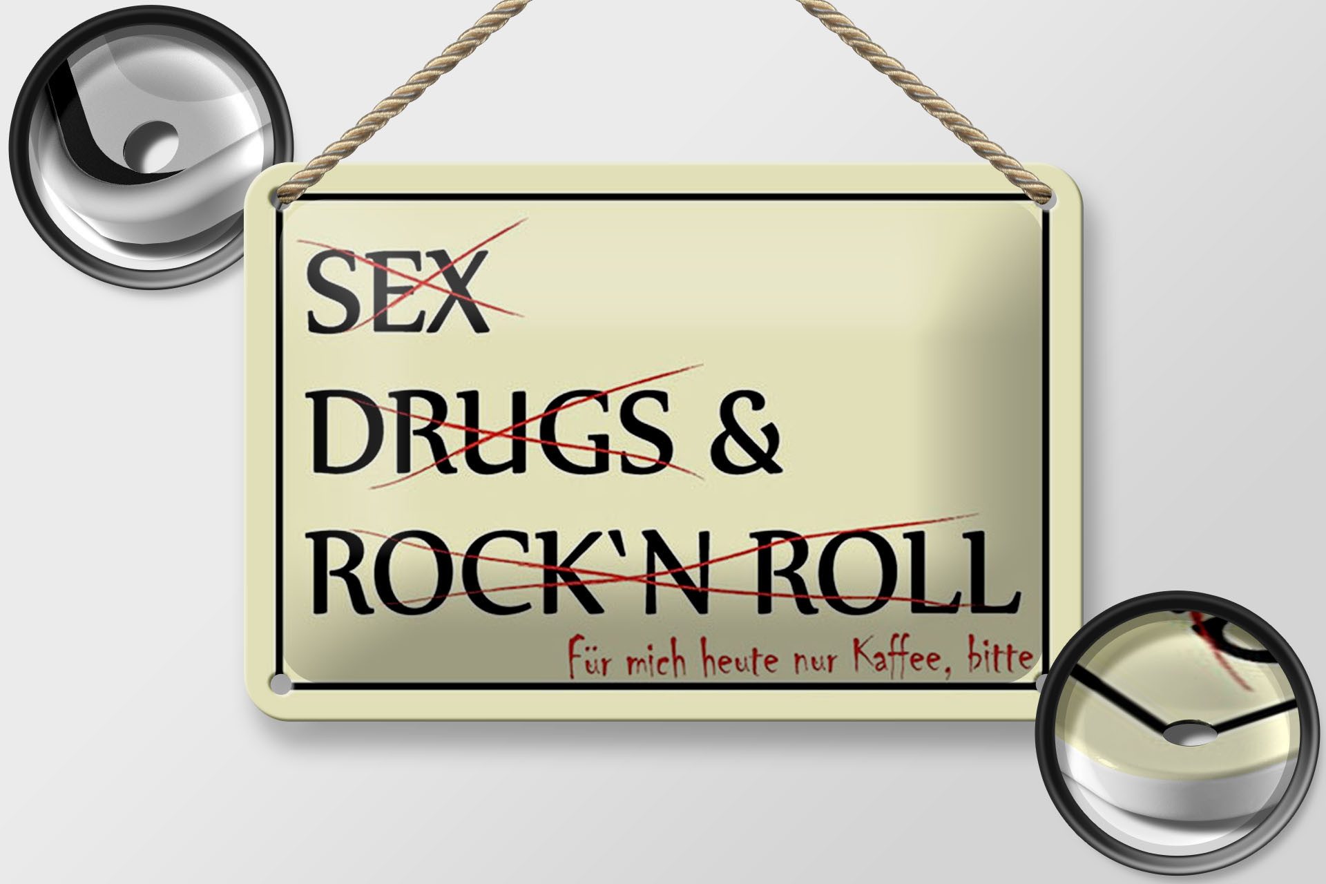 Femer GmbH Metallschild Spruch 18x12cm Sex Drugs Rock nur Kaffee bitte, (1 St), gewölbte Oberfläche, abgerundete Ecken, umgeschlagene Kanten