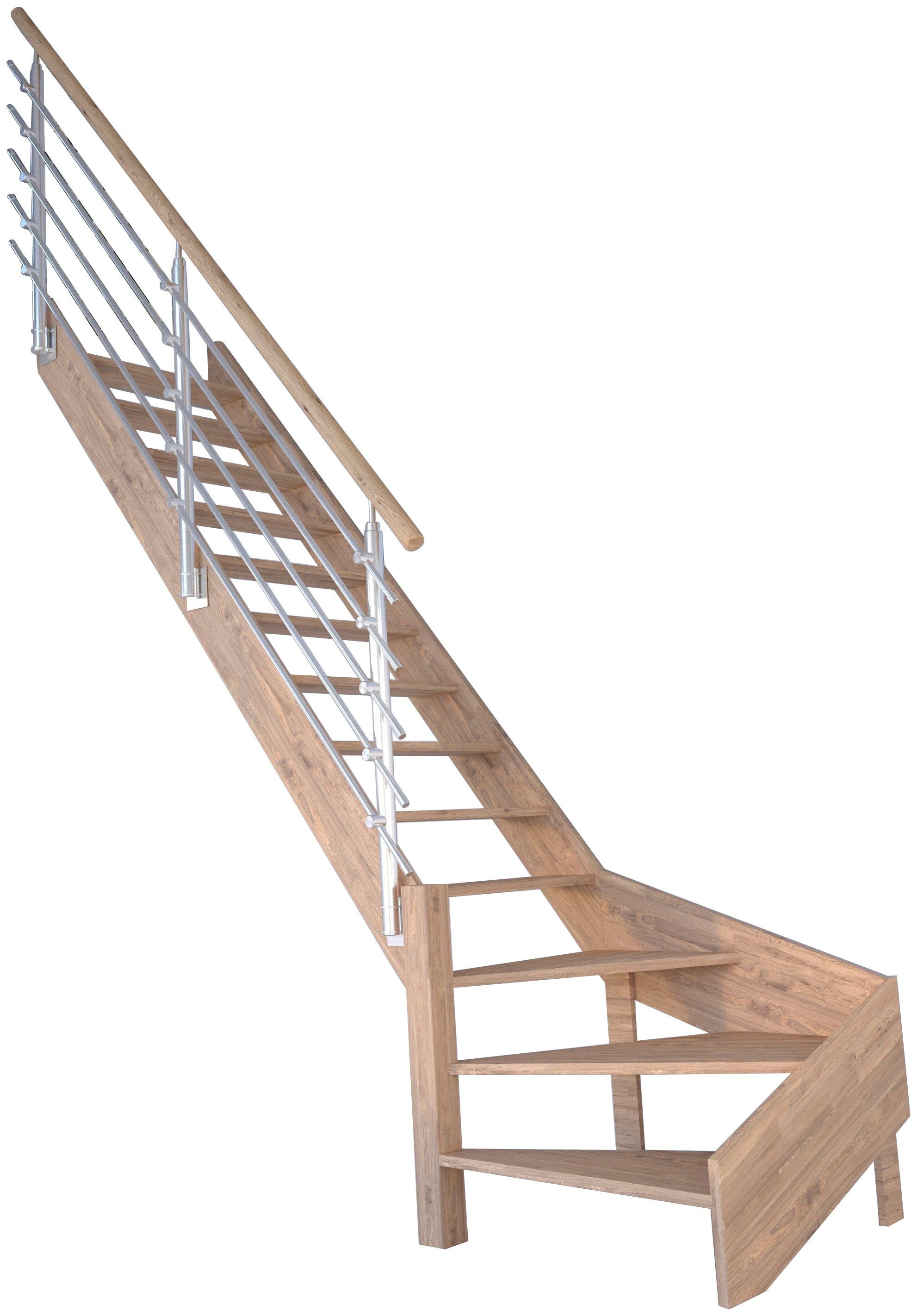 Design-Geländer Raumspartreppe Massivholz für 300 cm, offen, Geschosshöhen Edelstahl, Rhodos, Starwood gewendelt Wangenteile bis Durchgehende Stufen Links,
