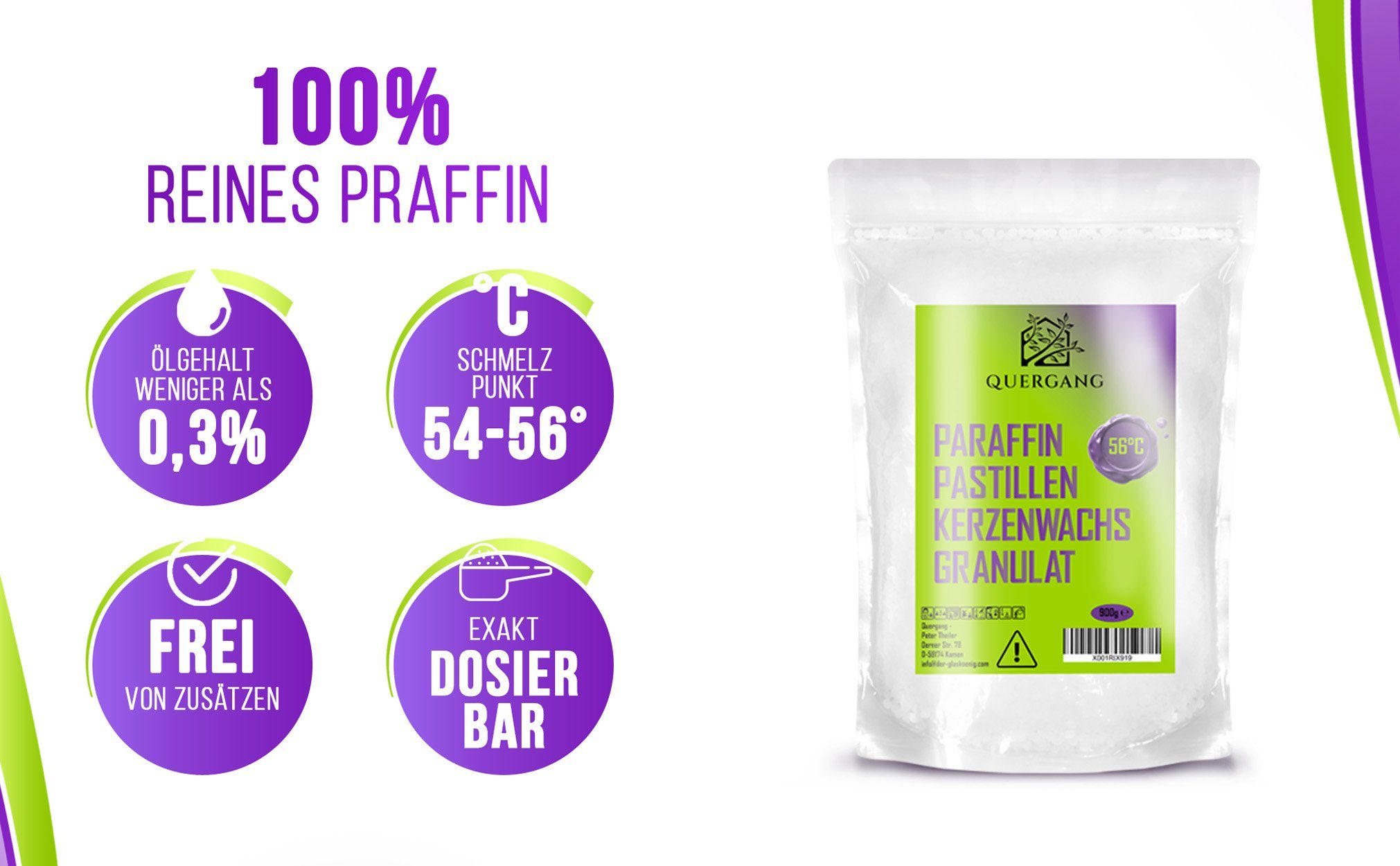 für, - 5kg geringem inkl. und Dank optimale und Dochte Kerzenwachs Ölgehalt Ergebnisse Pastillen Dochthalter Schmelzpunkt niedrigem Quergang Paraffinwachs Wachsgranulat