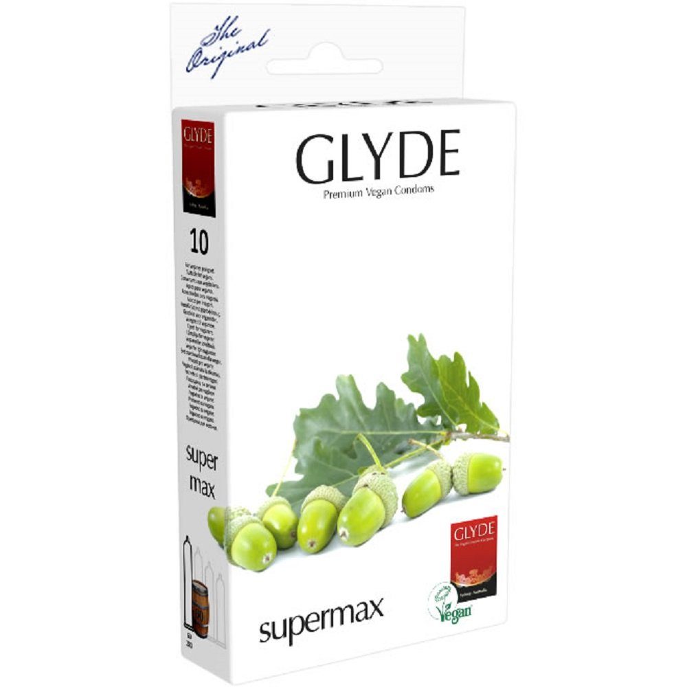 Glyde XXL-Kondome Glyde Ultra «Supermax» Kingsize Kondome mit 60mm Breite, vegane Kondome ohne Casein Packung mit, 10 St., Zertifiziert mit der Veganblume, Gefühlsecht & Reißfest