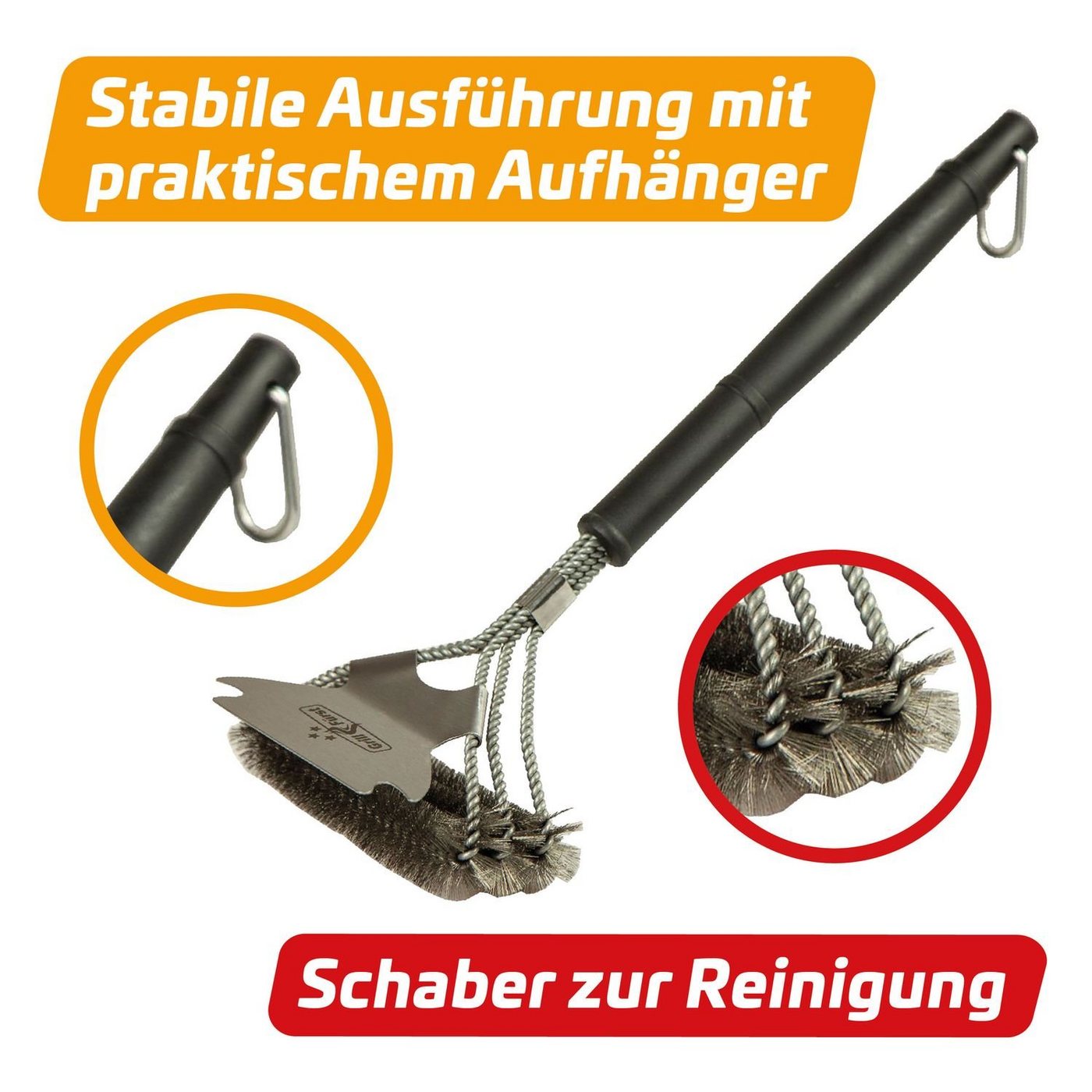 Thumbnail - Grillfürst Grillbürste Grillfürst Grillbürste Edelstahl, mit breitem 3-fach Bürstenkopf und Schaber