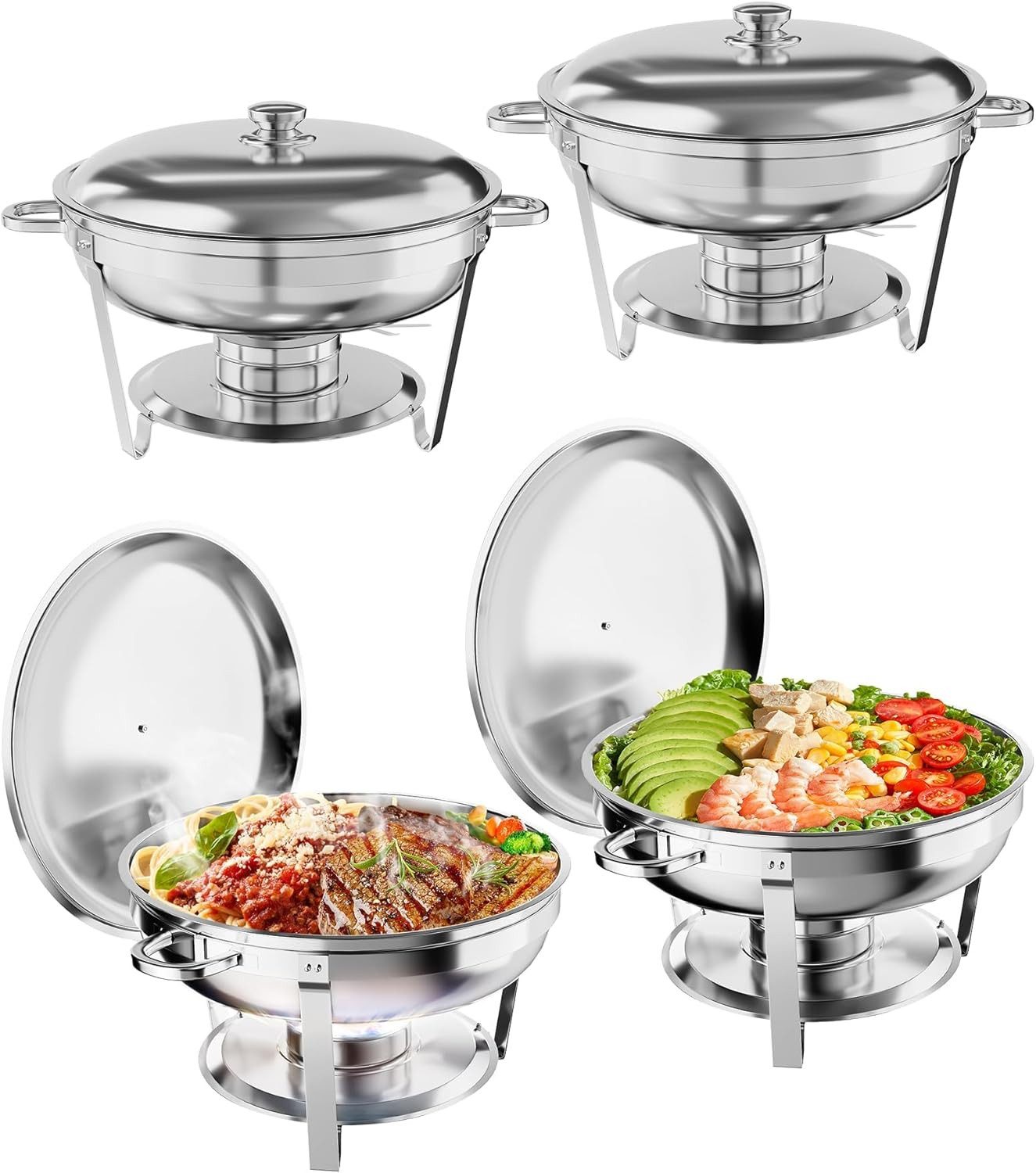 GarveeMore Speisenwärmer 5L runde Edelstahl-Chafing-Dishes und Warmhaltebehälter, (4-tlg), mit Deckel,Deckelhalter,Löffel,Pinzette für Catering,Partys,Abendessen