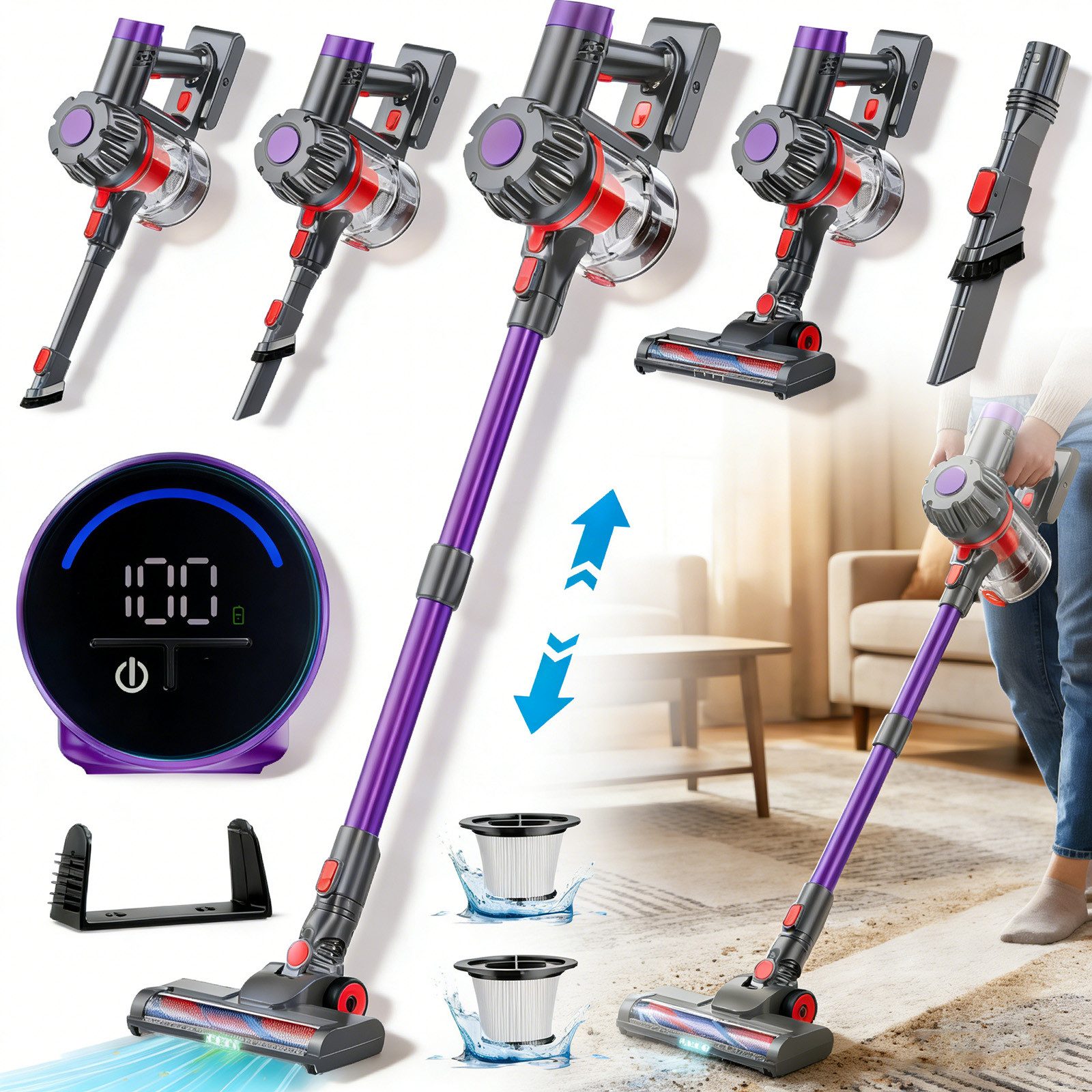 AKKEE Akku-Hand-und Stielstaubsauger 38000Pa/450W/50Min Akkustaubsauger Kabellos mit Display, 450 W, Akku Handstaubsauger