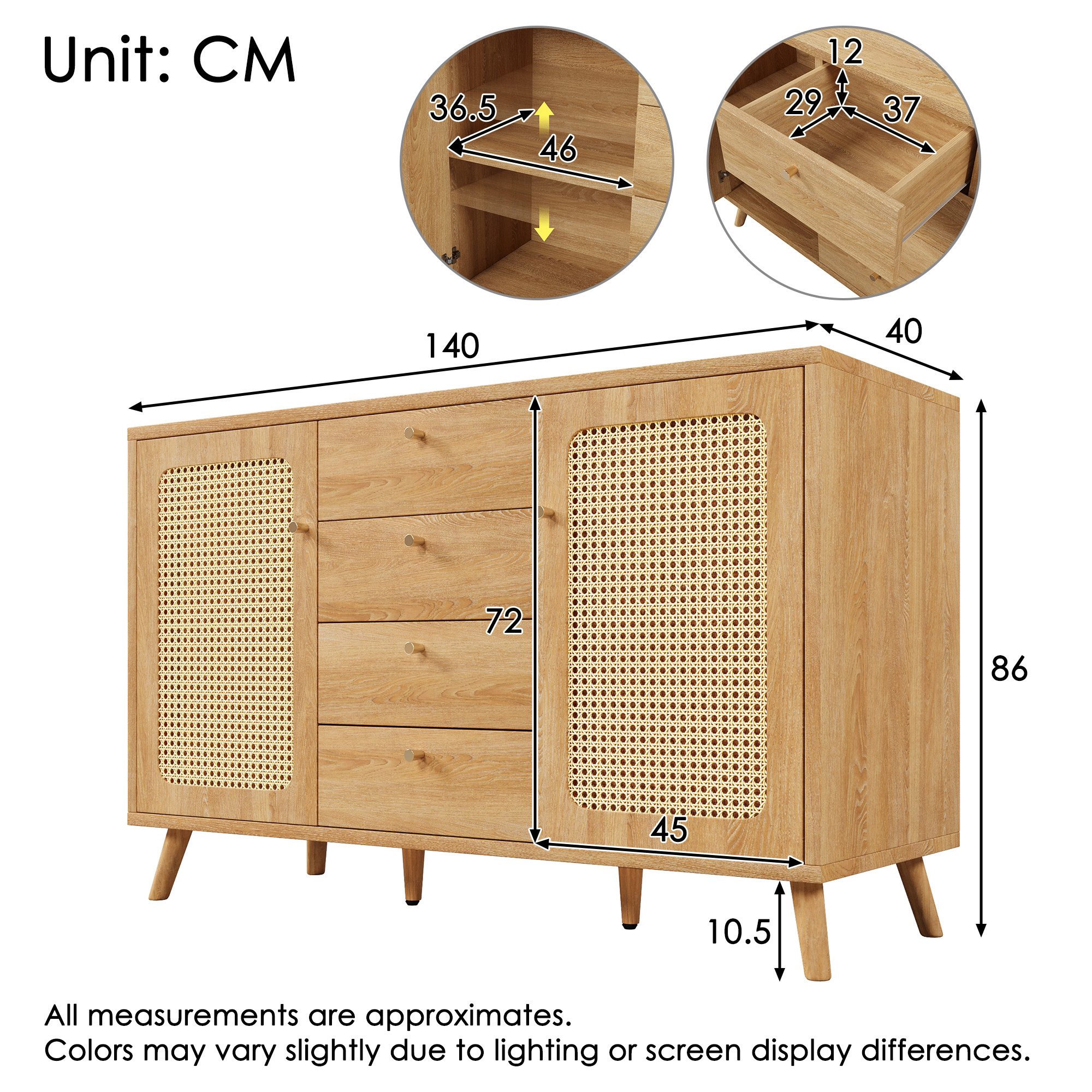 Flieks Kommode mit 4 Schubladen und 2 Rattan-Türen (1 St., 140x40x86 cm), Sideboard Mehrzweckschrank Holzschrank mit verstellbarer Ablagen – Bild 5 von 5