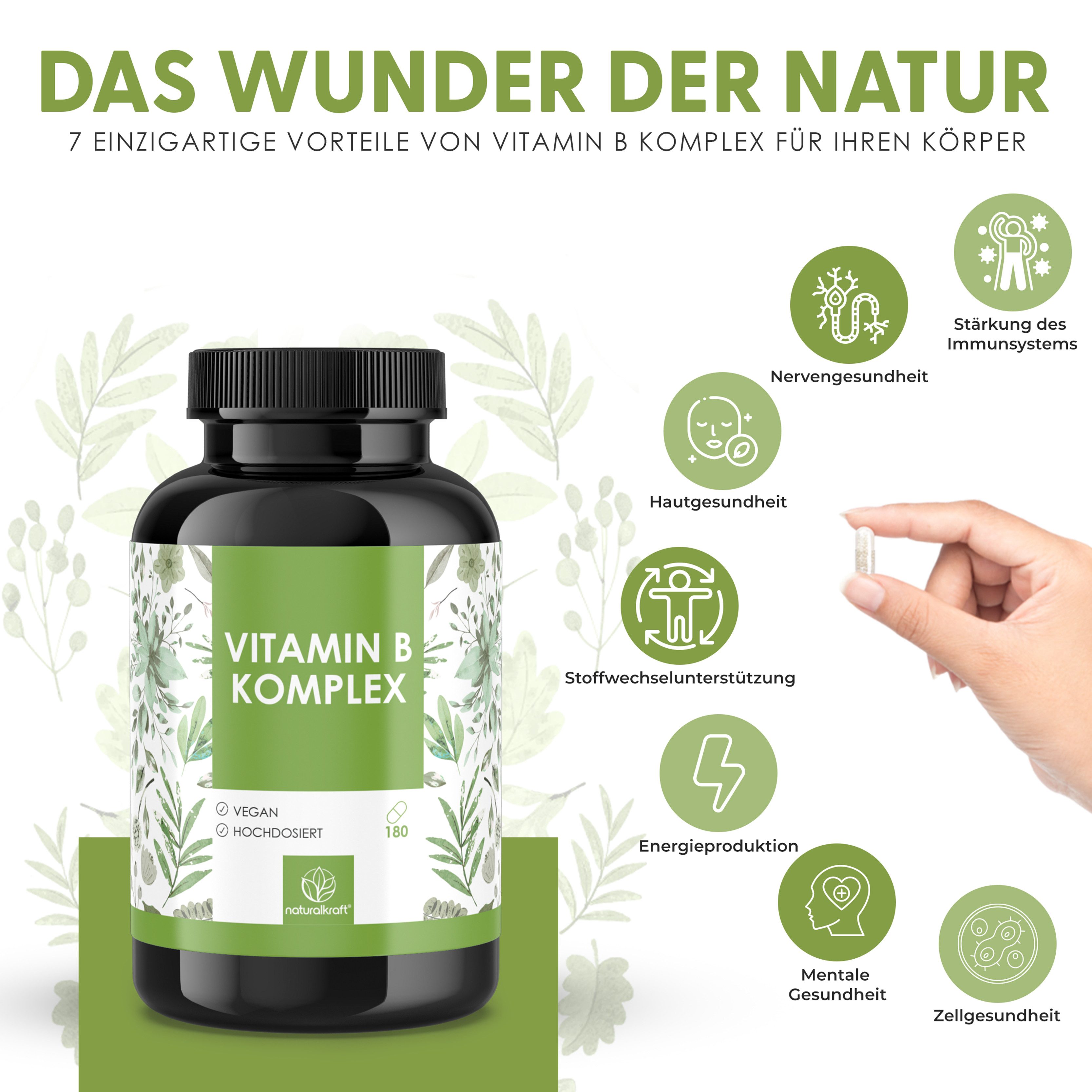 Naturalkraft Vitamin B Komplex – 8 B-Vitamine, 180 Kapseln, vegan & geprüft Kapseln, 108 g