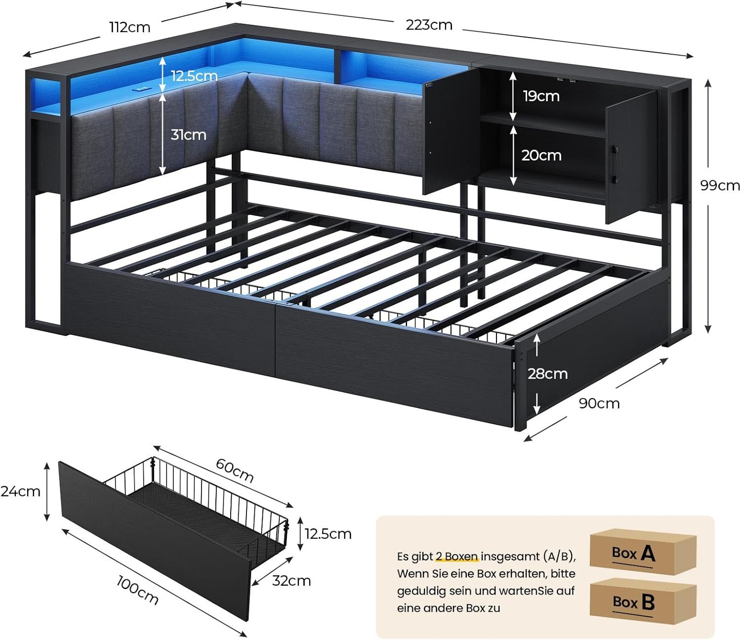 KIMENICH Polsterbett Schlafsofa mit LED-Beleuchtung, Jugendbett mit 2 Schubladen (1-tlg., Ohne Matratze), Kopfteil mit offenem Regal und Schrank, 90x200cm