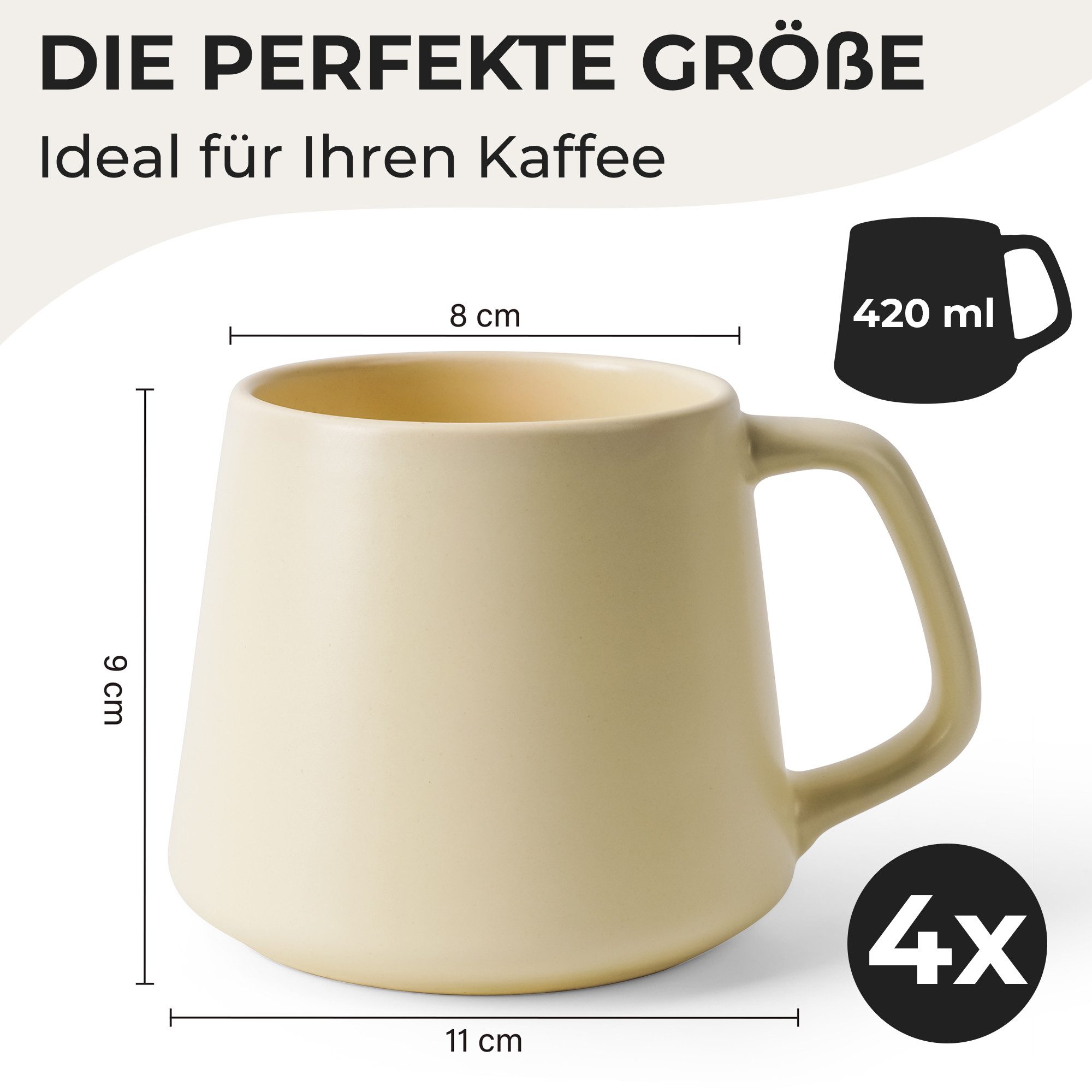 MiaMio Tasse Luxe Kaffeebecher 420 ml Beige Pastel, 4-tlg., Keramik