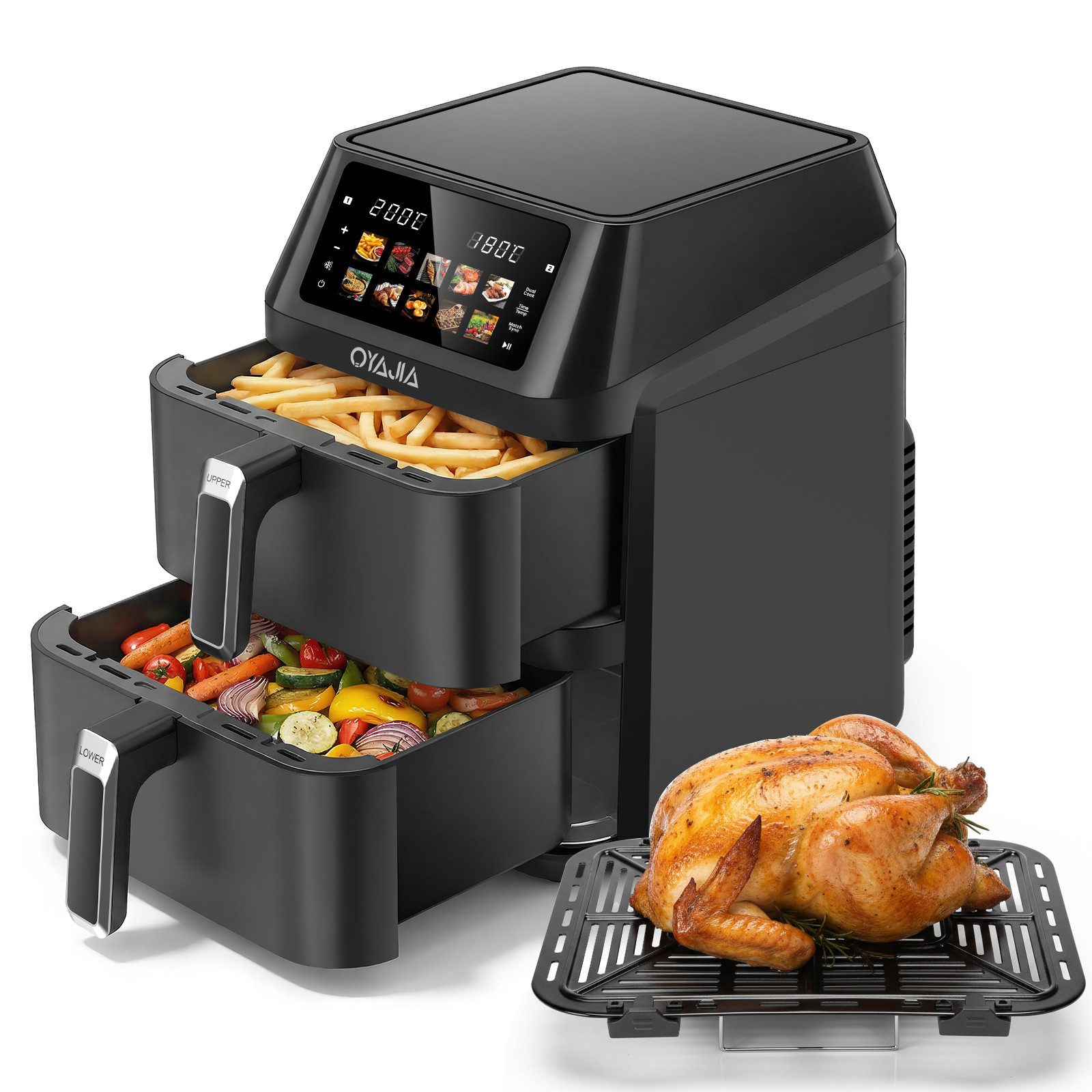oyajia Heißluftfritteuse Airfryer XXL Dual Zone, 2 vertikale Schubladen, 10 Kochfunktionen, 2600,00 W, 12 L Heißluftfritteuse, 32% platzsparender, Sync und Match-Funktion