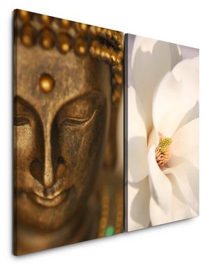 Sinus Art Leinwandbild 2 Bilder je 60x90cm Buddha Buddhakopf Bronze Statue Weiße Tulpe Meditation Harmonie Yoga