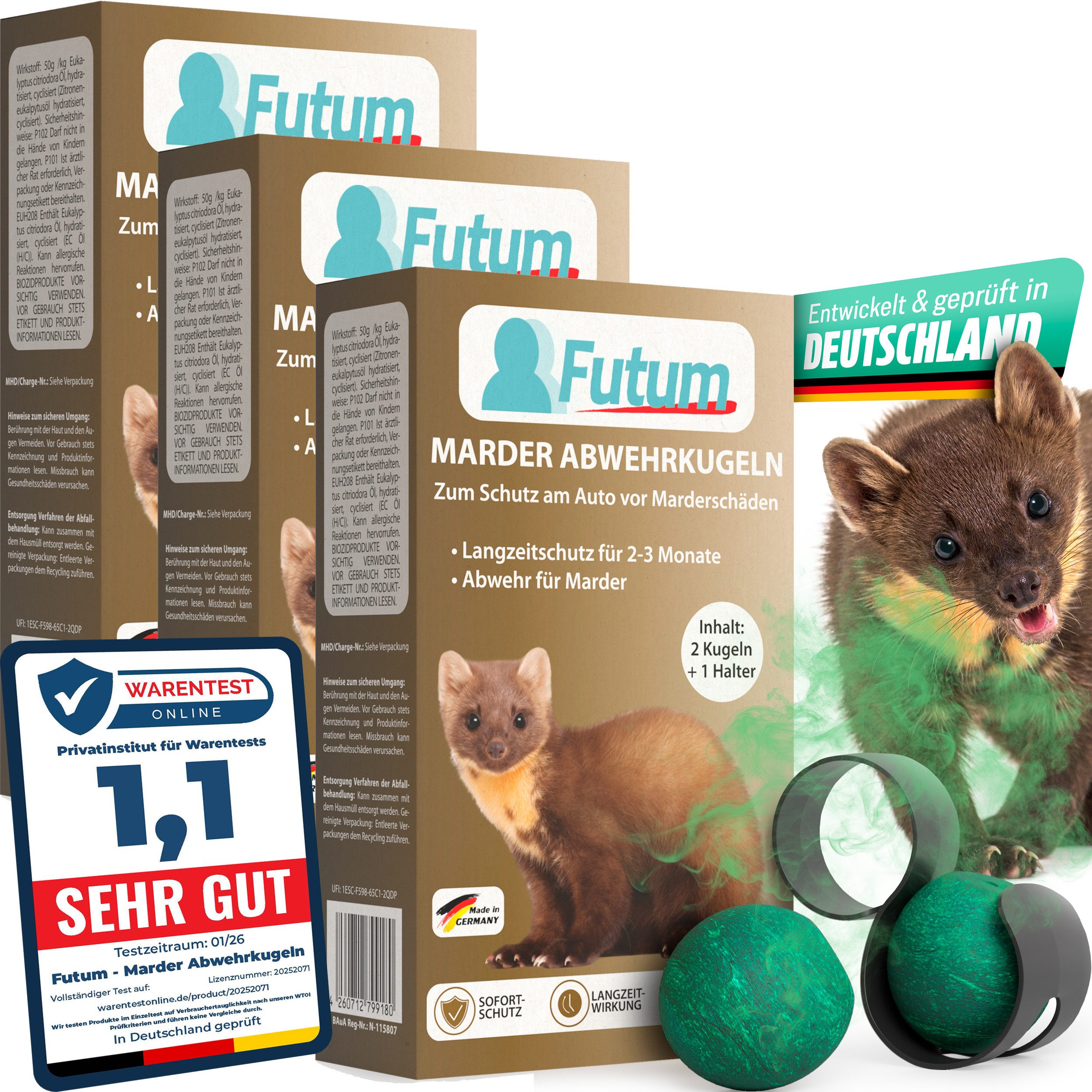 FUTUM Vergrämungsmittel 3x2er Set + 3 Halter Marderkugeln gegen Marder für Auto Marderschutz, 6-St., Marderabwehr