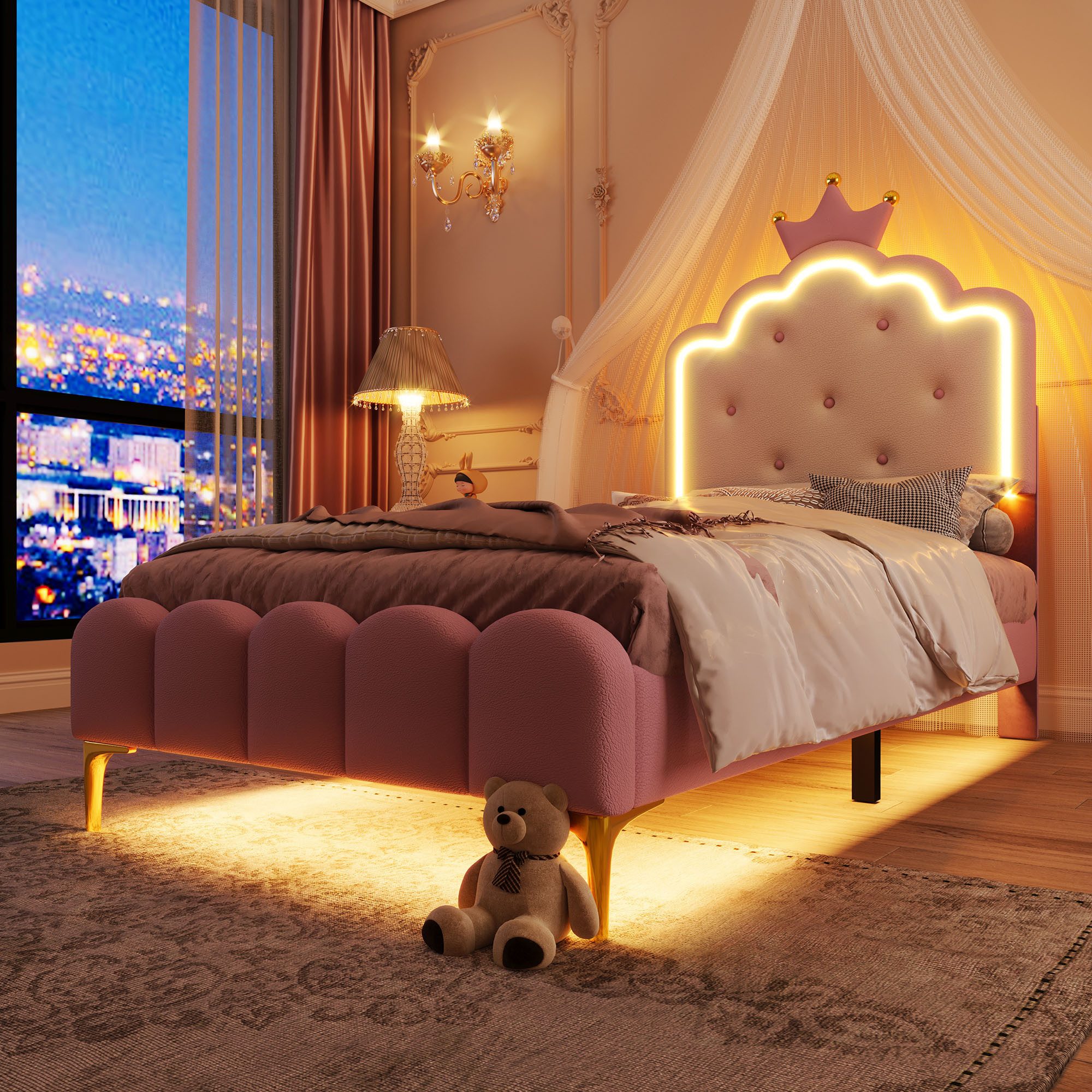 OKWISH Polsterbett Kronprinzessinnen-Design,Jugendbett,mit LED-Umgebungslicht (Prinzessinnen Polsterbett,mit Lattenrost, Rosa mit LED Ambiente-Licht, Fernbedienung, Kronprinzen-Design, Metallfüße., 90 x 200 cm), ohne Matratze