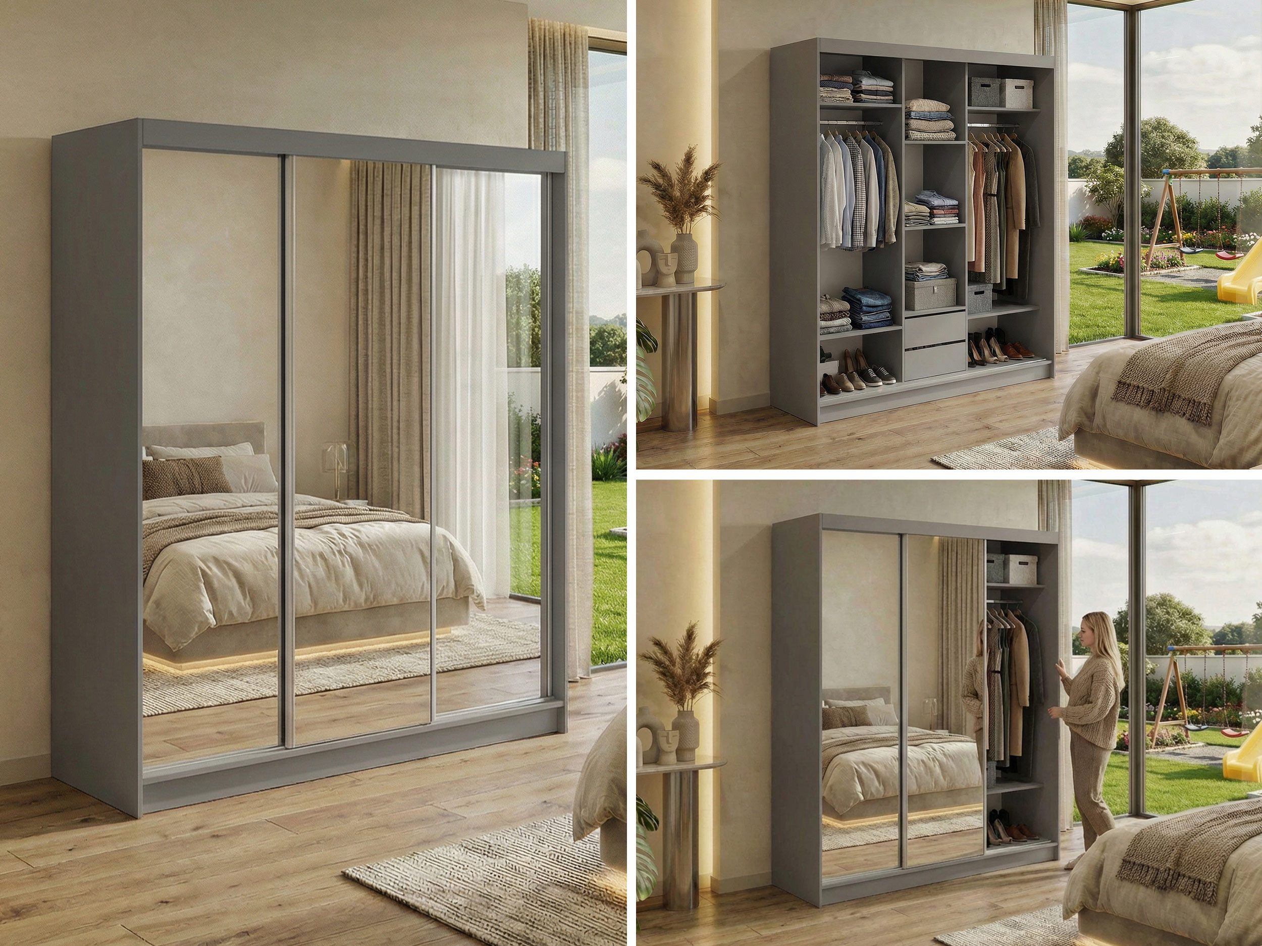 MKS MÖBEL Schiebetürenschrank DUBROWNIK 180 (Kleiderschrank mit Spiegel, Höhe Schrank 216 cm) Spiegelschrank 180 cm, Kleiderschrank mit Stauruam, Griffleisten