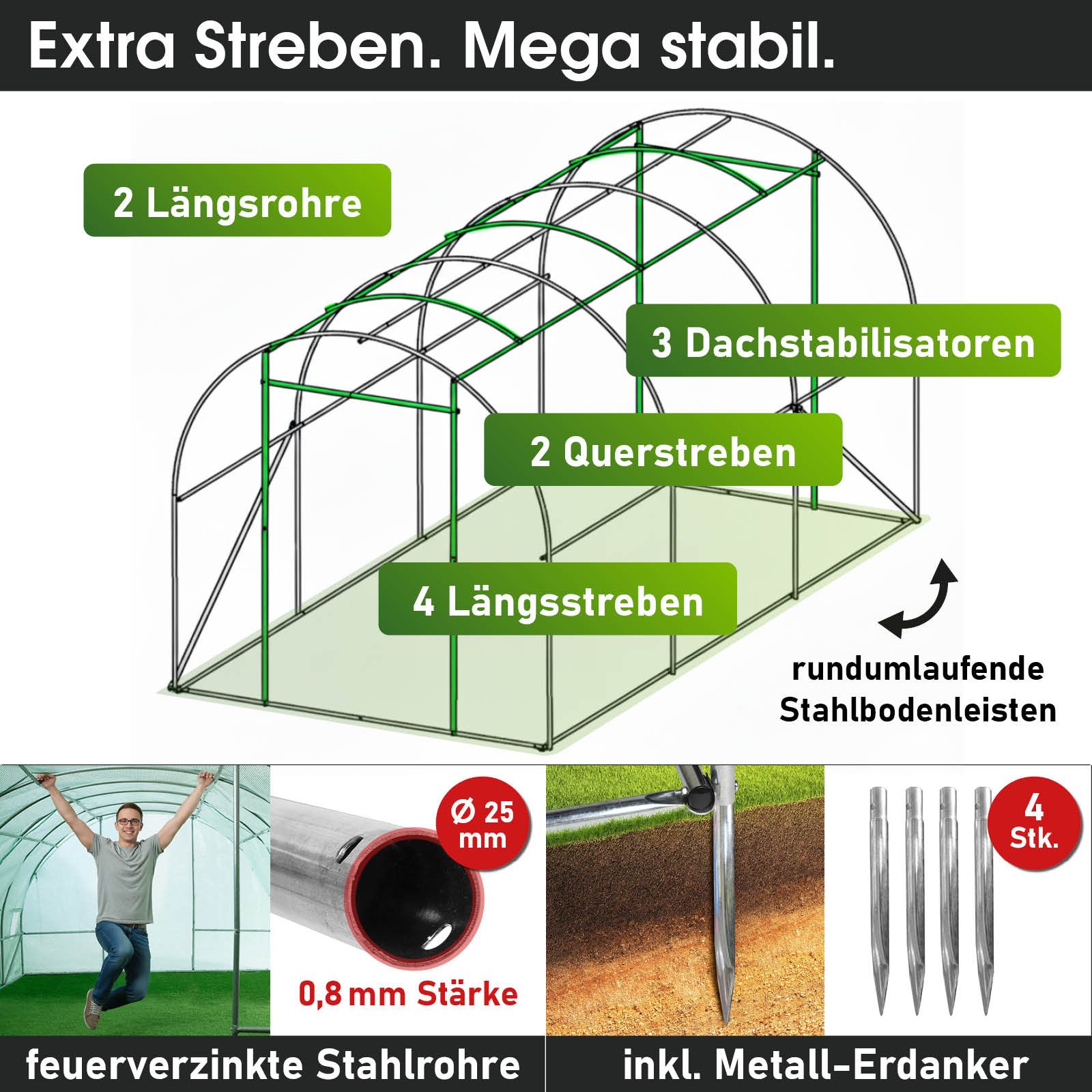 BRAST Foliengewächshaus Gewächshaus inkl. Stahlfundament Erdanker & Unkrautvlies, 4 Größen, BxTxH: 200 x 300 x 200 cm, 6 Fenster inkl. aufrollbare Seitenwände m – Bild 4 von 5