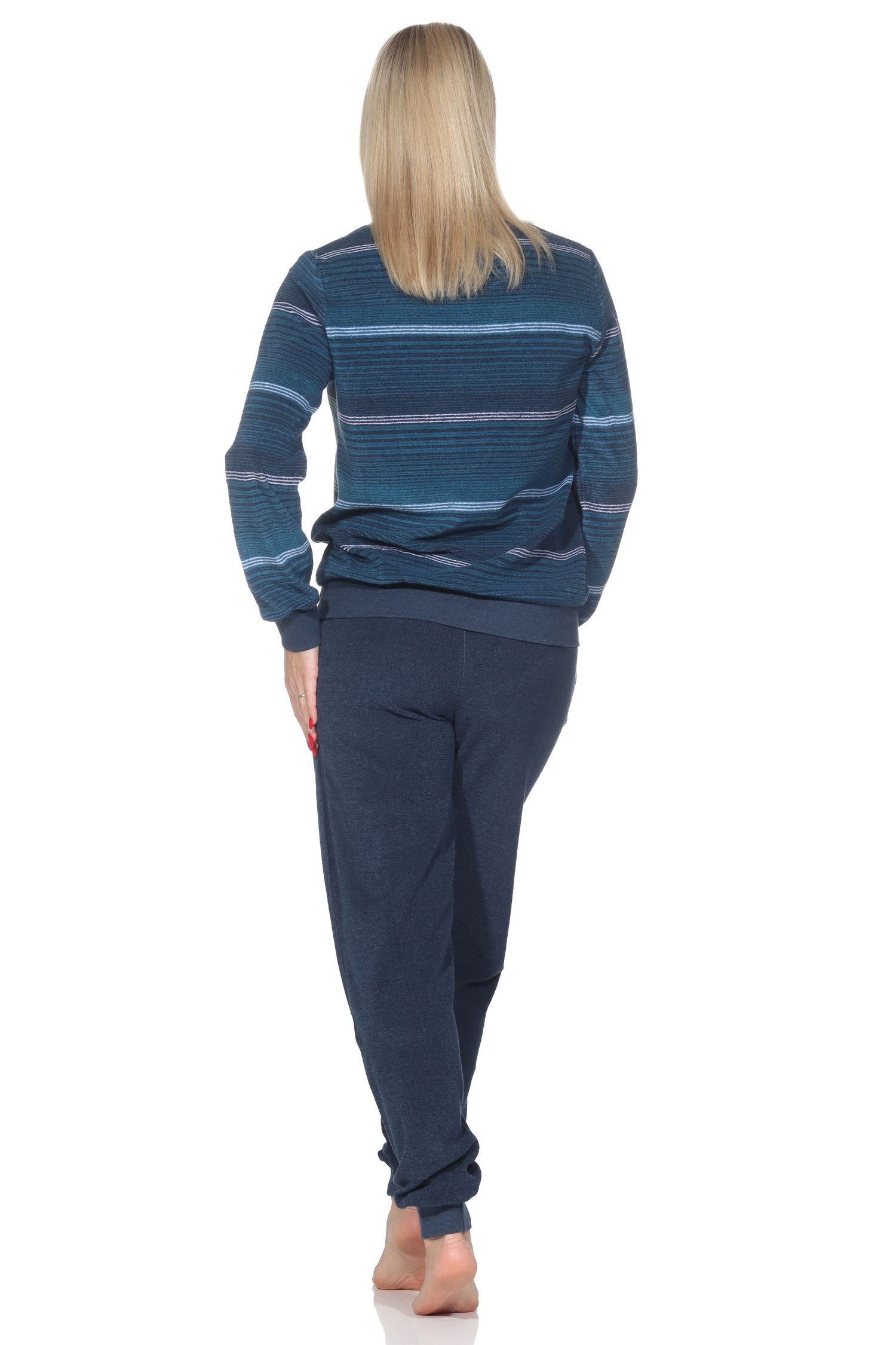 Normann Pyjama Damen Frottee Schlafanzug mit Bündchen in elegantem Streifendesign
