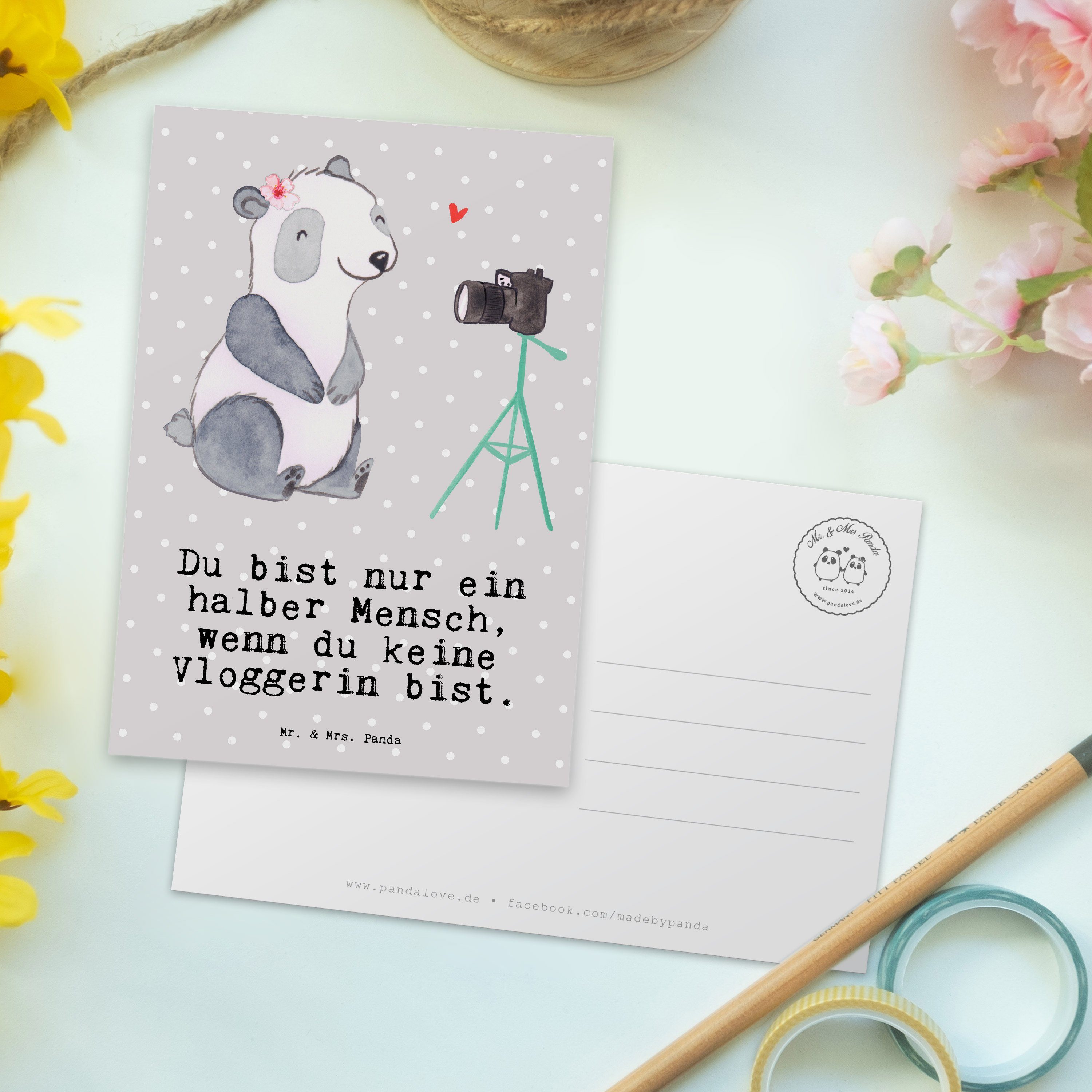 Pastell Einladung, Geschenk, & Grau Herz Postkarte Sc mit Panda Vloggerin Mrs. Mr. Abschied, - -