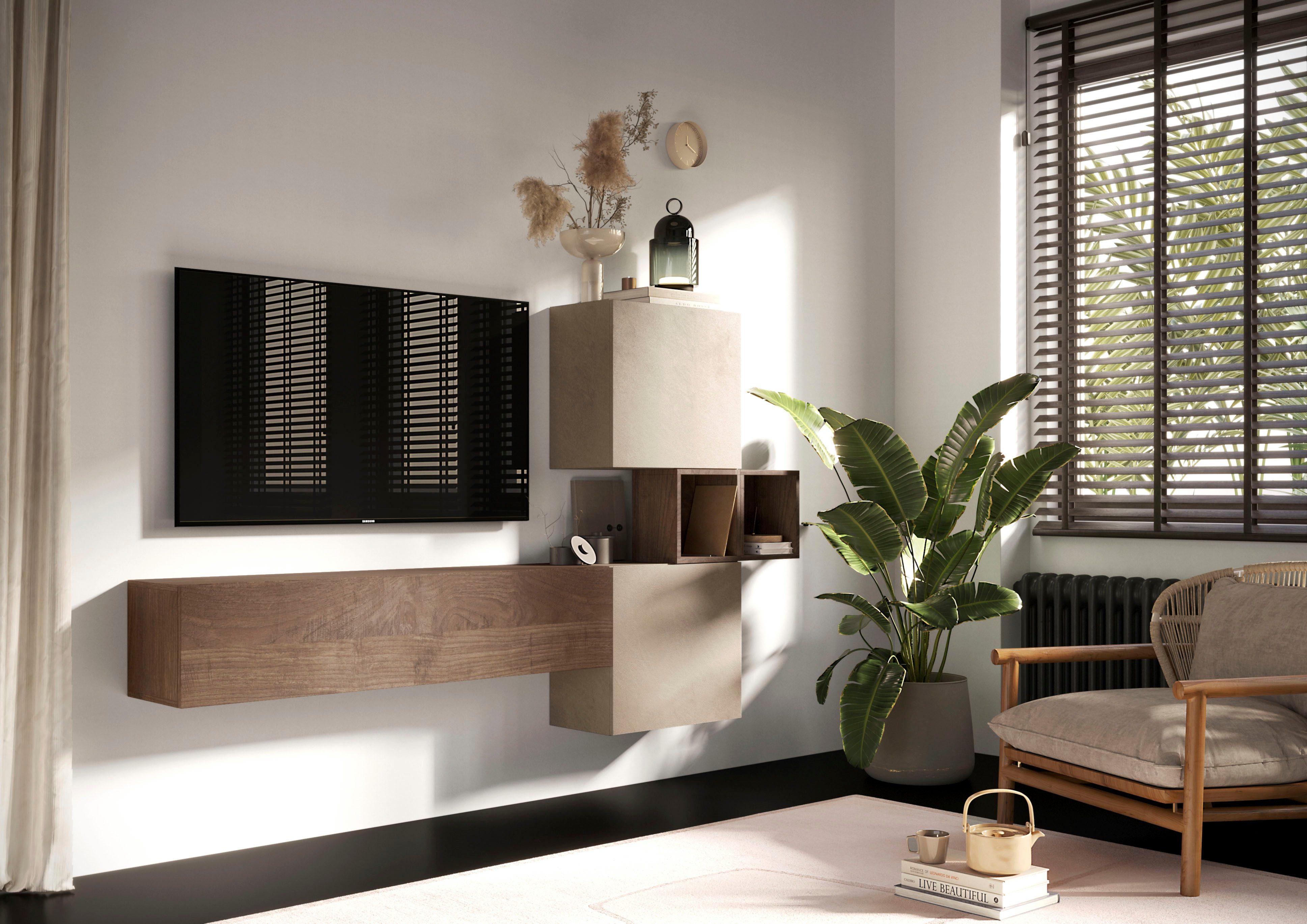 Home affaire Wohnwand Infinity, 4tlg. Breite 222 cm, Höhe variabel, Wohnwand, (Spar-Set, 4-St), (Lowboard hängend, Würfelregal 2er Set, 2x Hängewürfel)