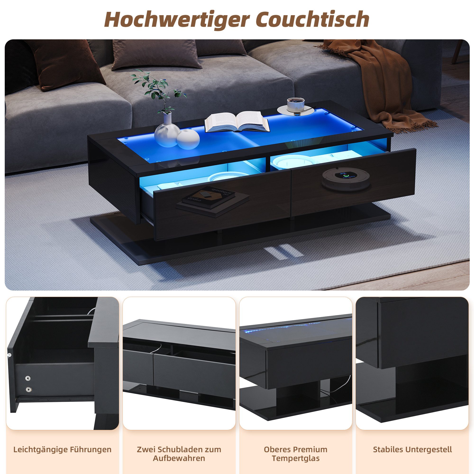 MODFU Couchtisch mit LED-Lichtern (Wohnzimmertisch, Satztisch, 1-St., 2 Schubladen, 100*50*35cm), mit LED-Licht