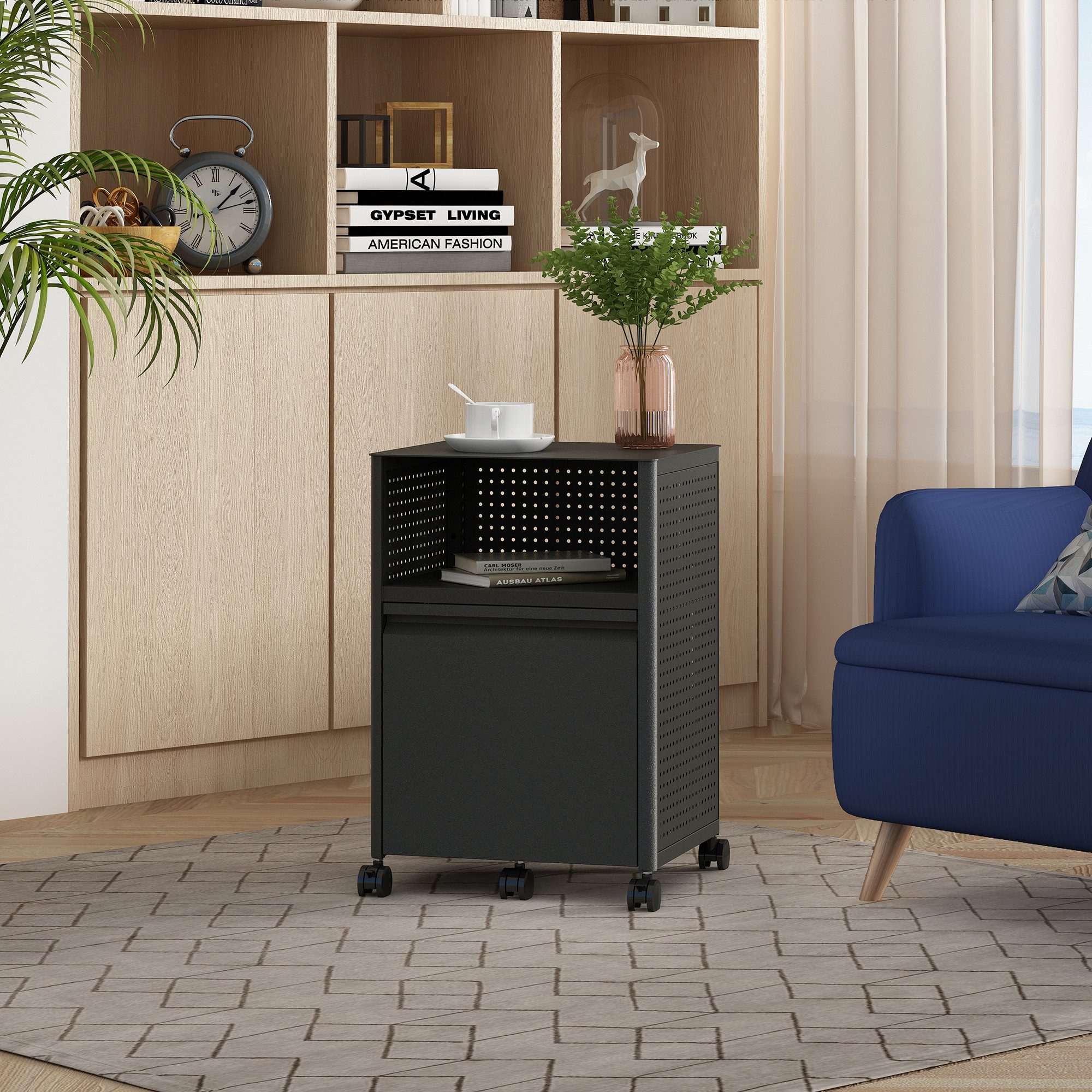 en.casa Rollcontainer, »Velvevn« mit Schublade Stahl 54 x 40 x 36 cm Schwarz