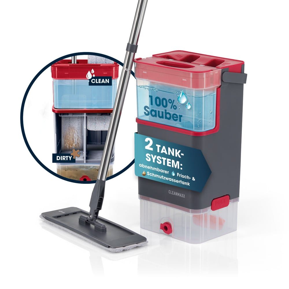 CLEANmaxx Wischmopp DuoTank Bodenreiniger mit abnehmbaren Tanks, Wash- & Dry, (8-St), Bodenwischer mit 360° Kopf, Bodenreiniger Set inkl. 2 Mikrofasertücher