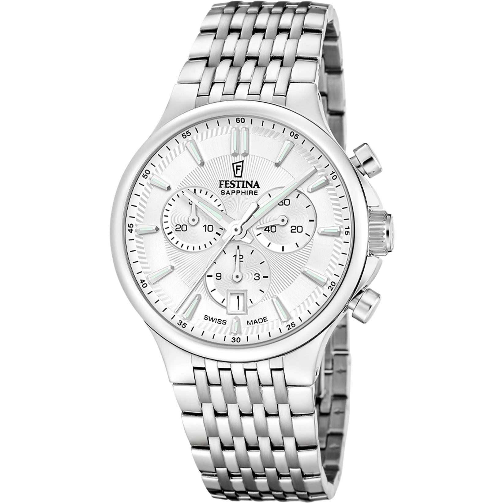 Festina Chronograph Chrono F20093_1, Quarzuhr, Armbanduhr, Herrenuhr, Swiss Made, Edelstahlarmband, analog